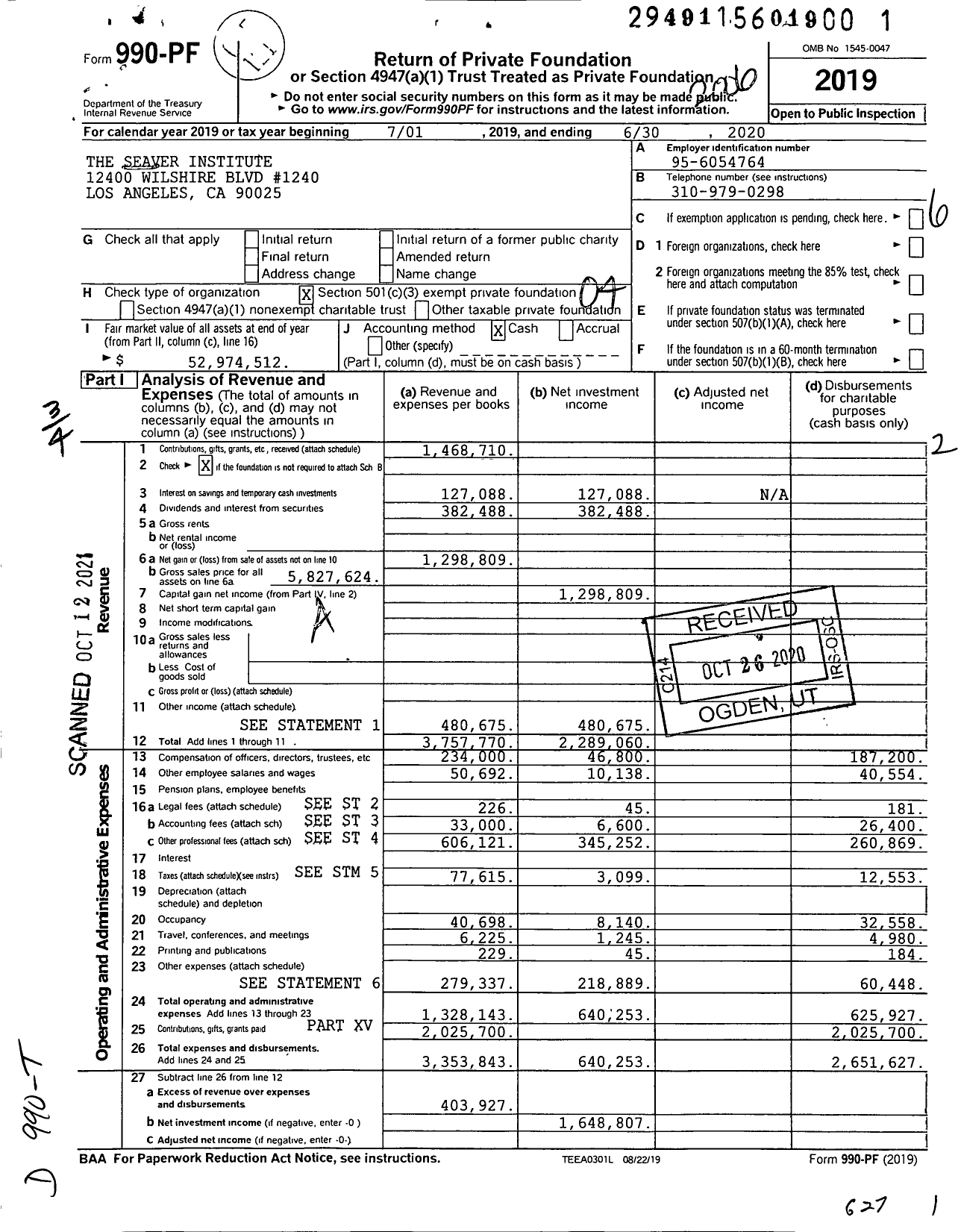 Image of first page of 2019 Form 990PF for The Seaver Institute