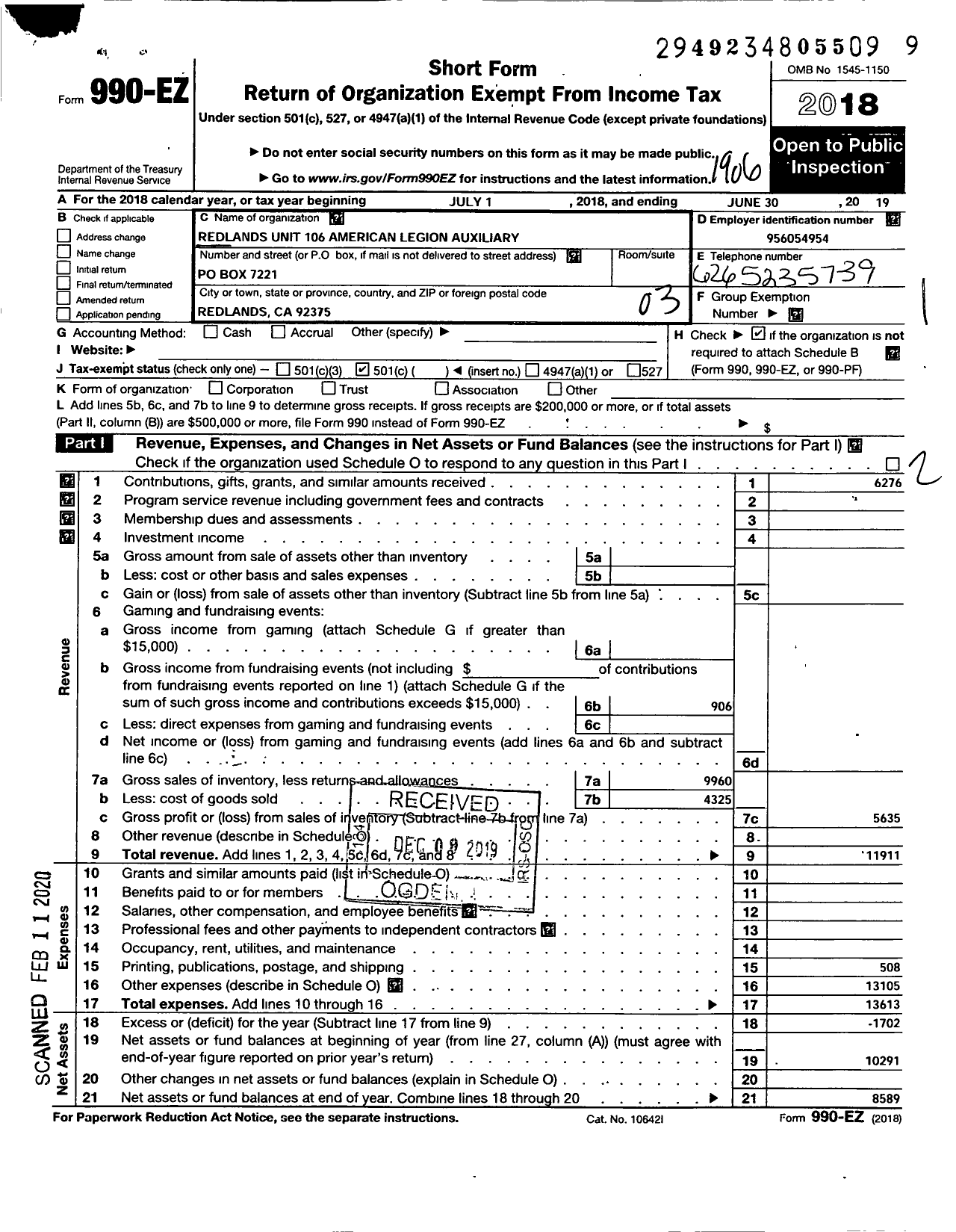 Image of first page of 2018 Form 990EZ for American Legion Auxiliary / 106 Redlands Unit