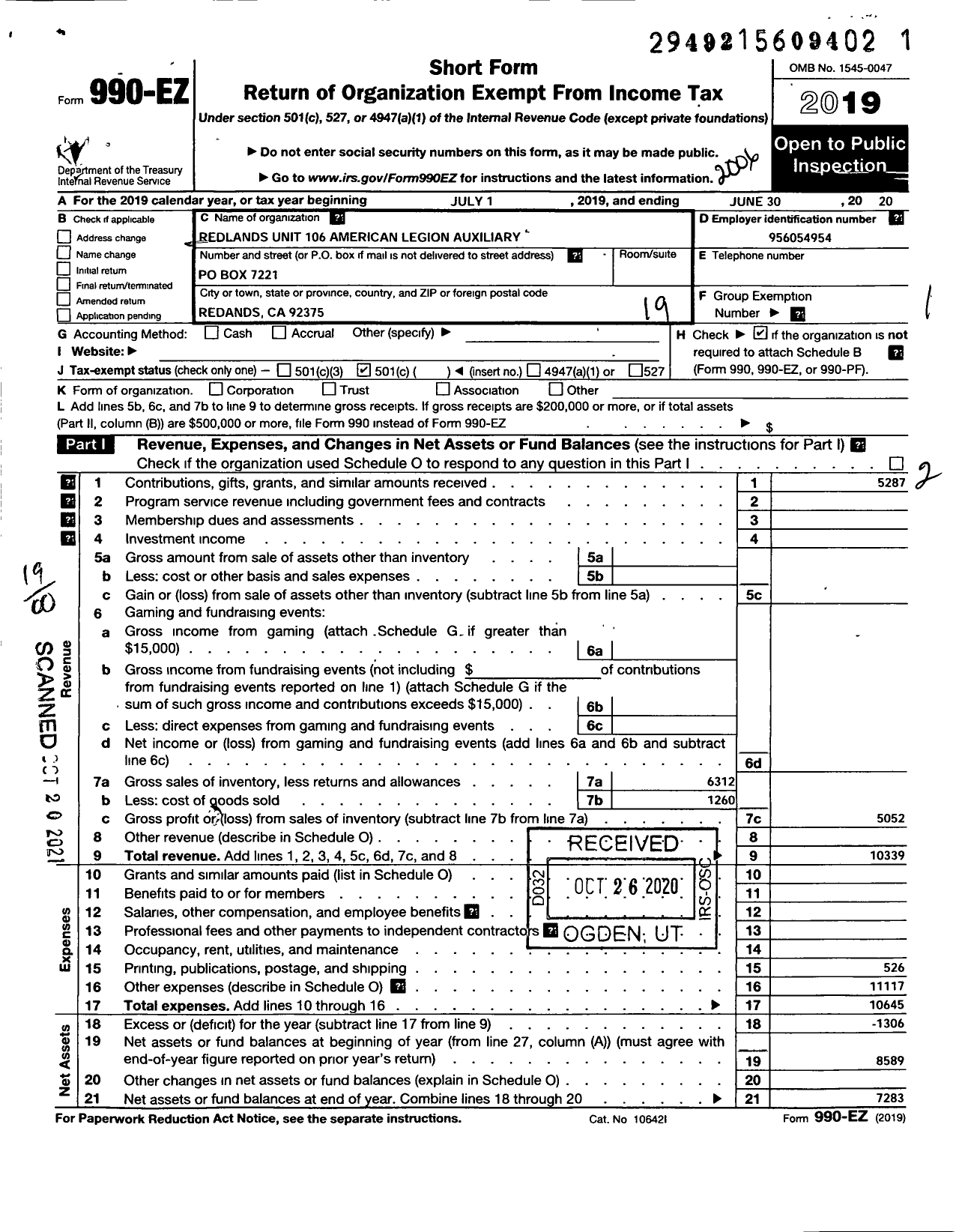 Image of first page of 2019 Form 990EO for American Legion Auxiliary / 106 Redlands Unit