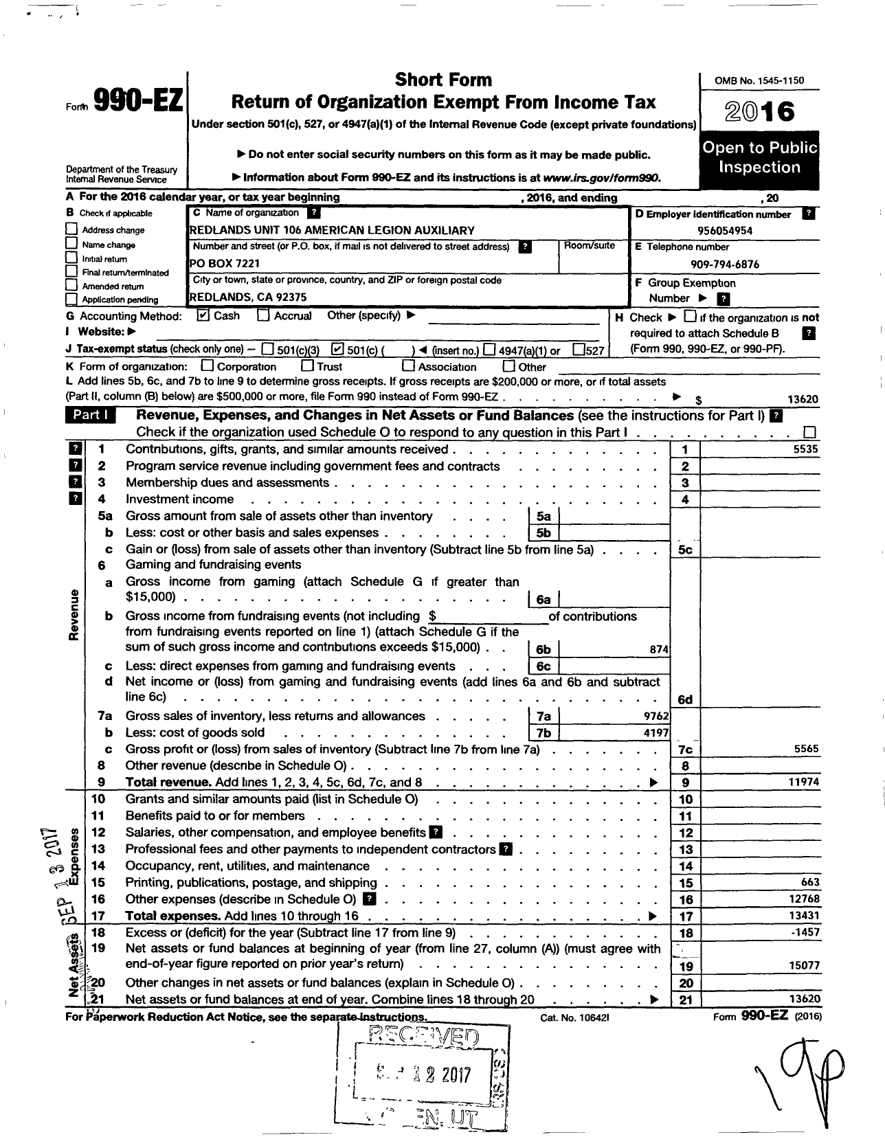 Image of first page of 2016 Form 990EO for American Legion Auxiliary / 106 Redlands Unit