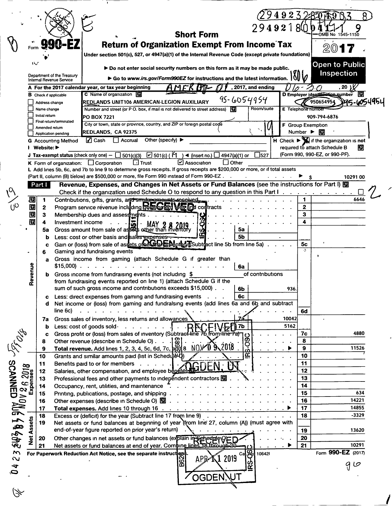 Image of first page of 2017 Form 990EO for American Legion Auxiliary / 106 Redlands Unit