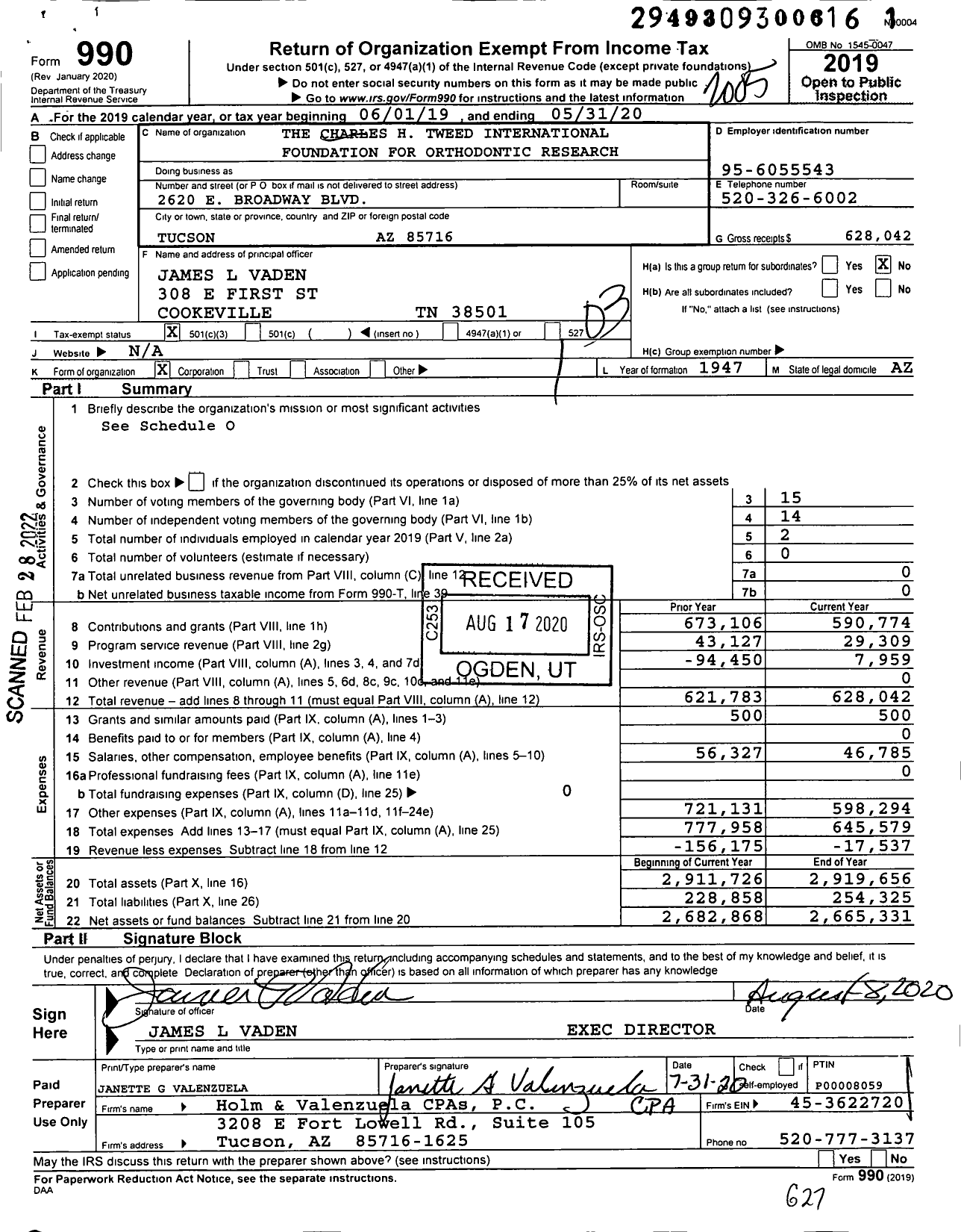 Image of first page of 2019 Form 990 for The Charles H Tweed International Foundation for Orthodontic Research