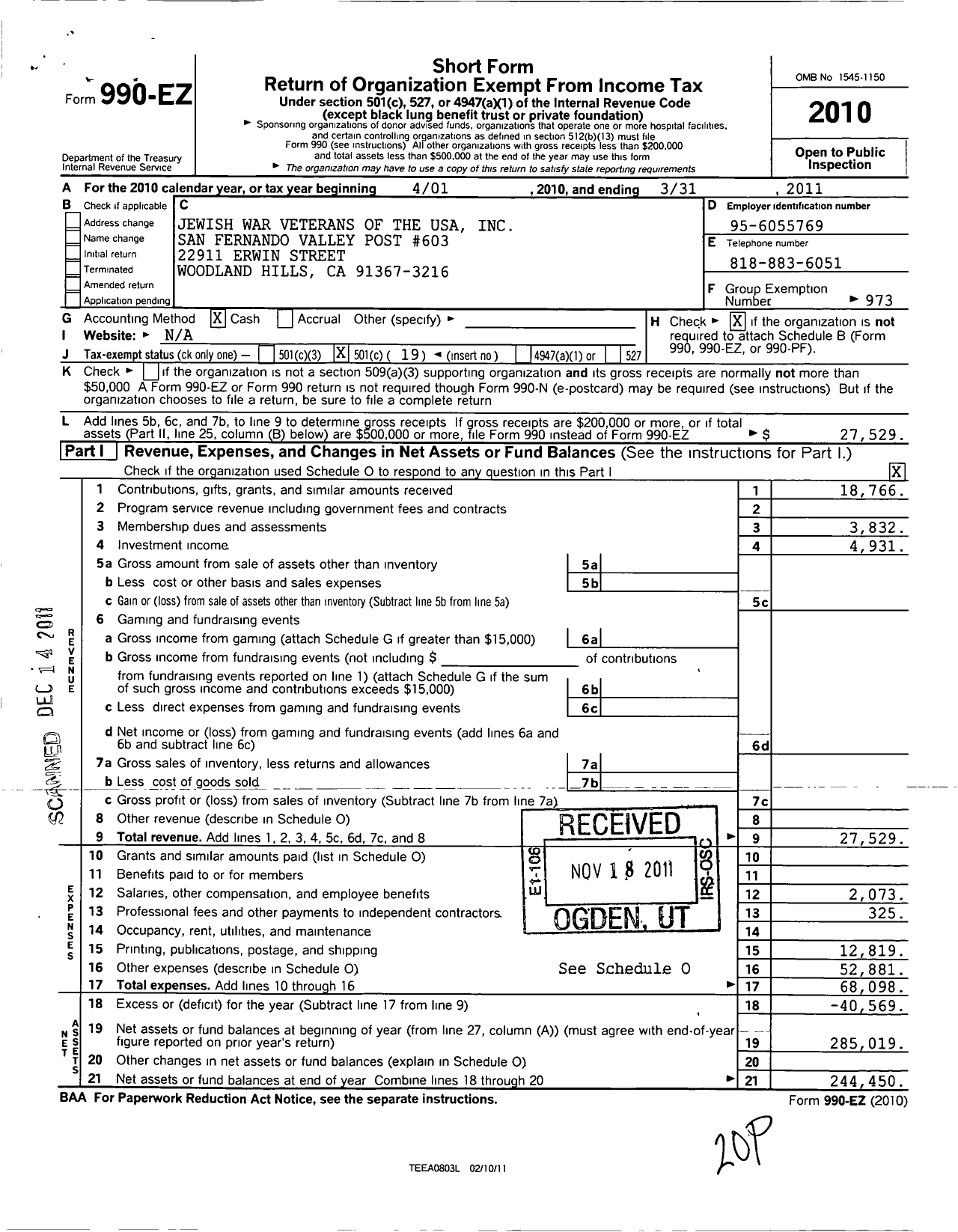 Image of first page of 2010 Form 990EO for Jewish War Veterans of the United States of America - 603 San Fernando Valley Post