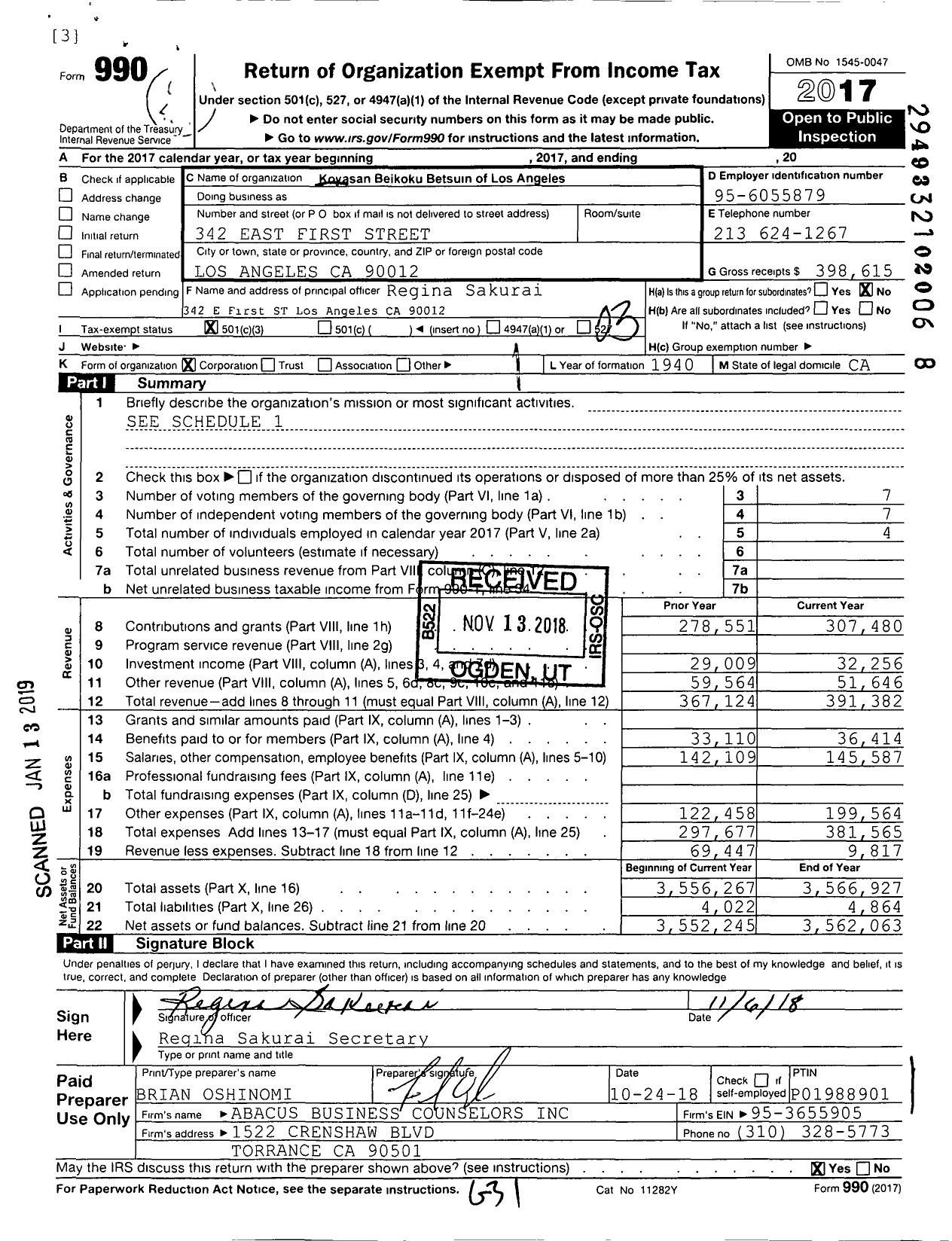 Image of first page of 2017 Form 990 for Koyasan Beikoku Betsuin of Los Angeles