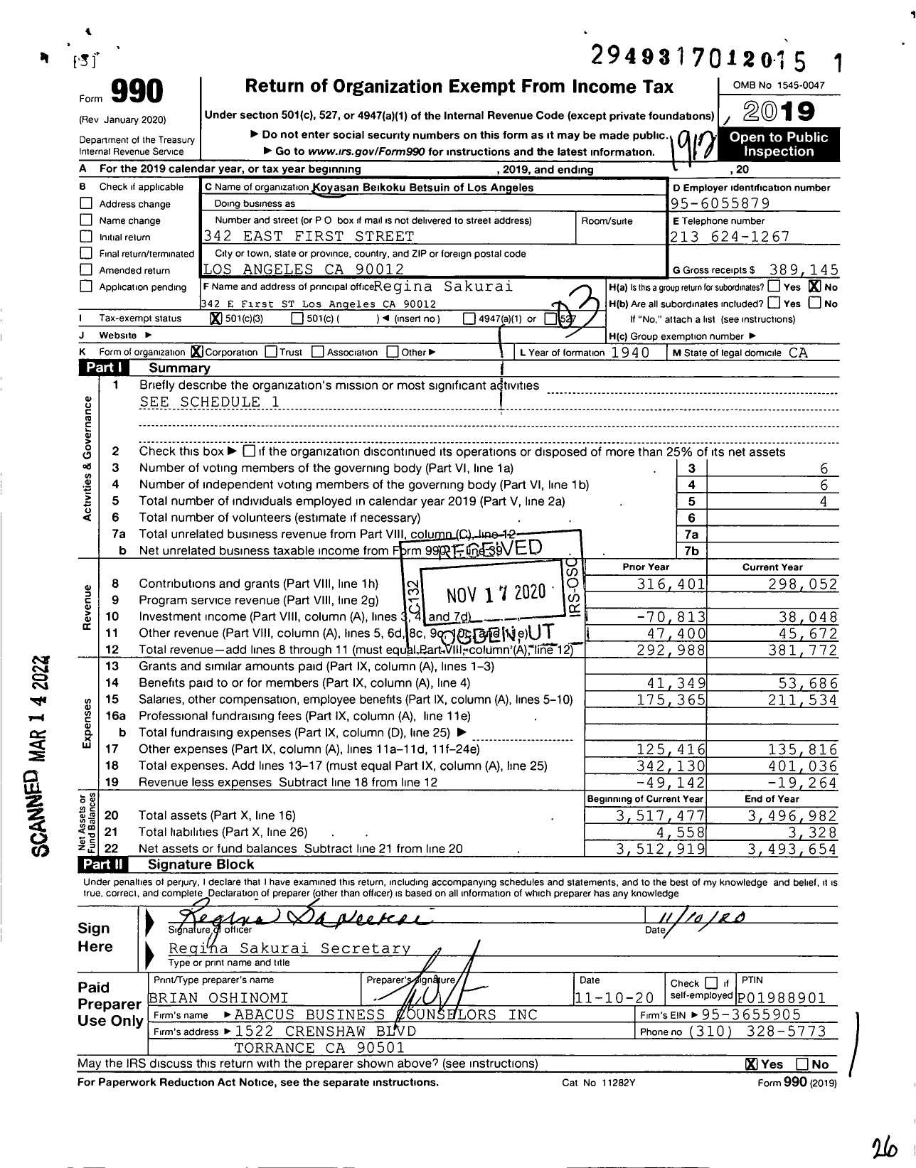 Image of first page of 2019 Form 990 for Koyasan Beikoku Betsuin of Los Angeles