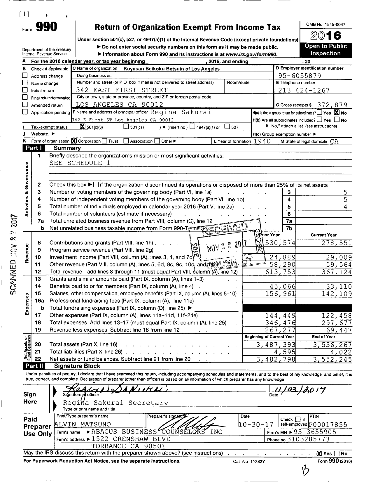 Image of first page of 2016 Form 990 for Koyasan Beikoku Betsuin of Los Angeles