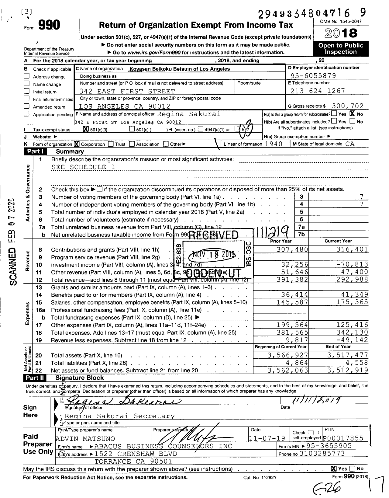 Image of first page of 2018 Form 990 for Koyasan Beikoku Betsuin of Los Angeles