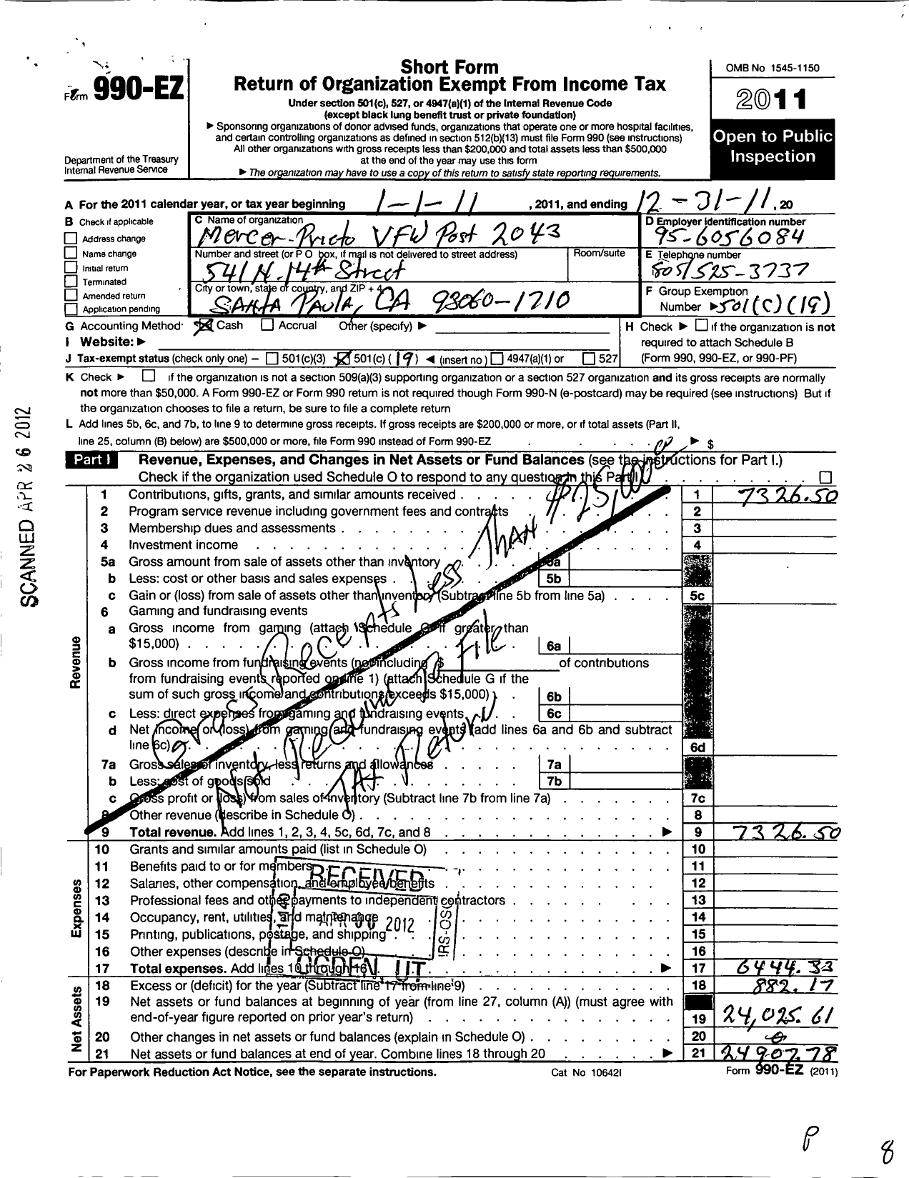 Image of first page of 2011 Form 990EO for VFW California Department - 2043 Mercer Prieto