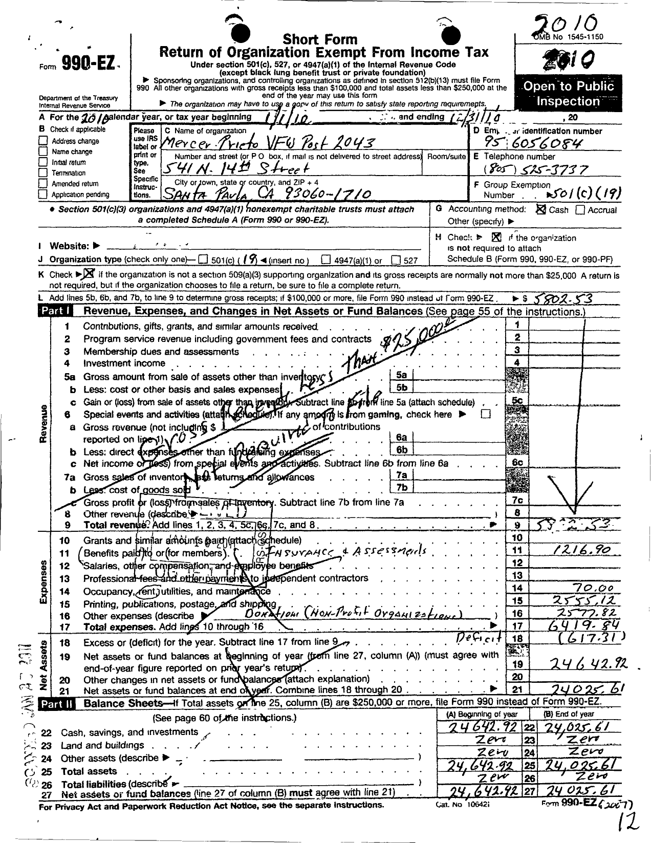 Image of first page of 2010 Form 990EO for VFW California Department - 2043 Mercer Prieto