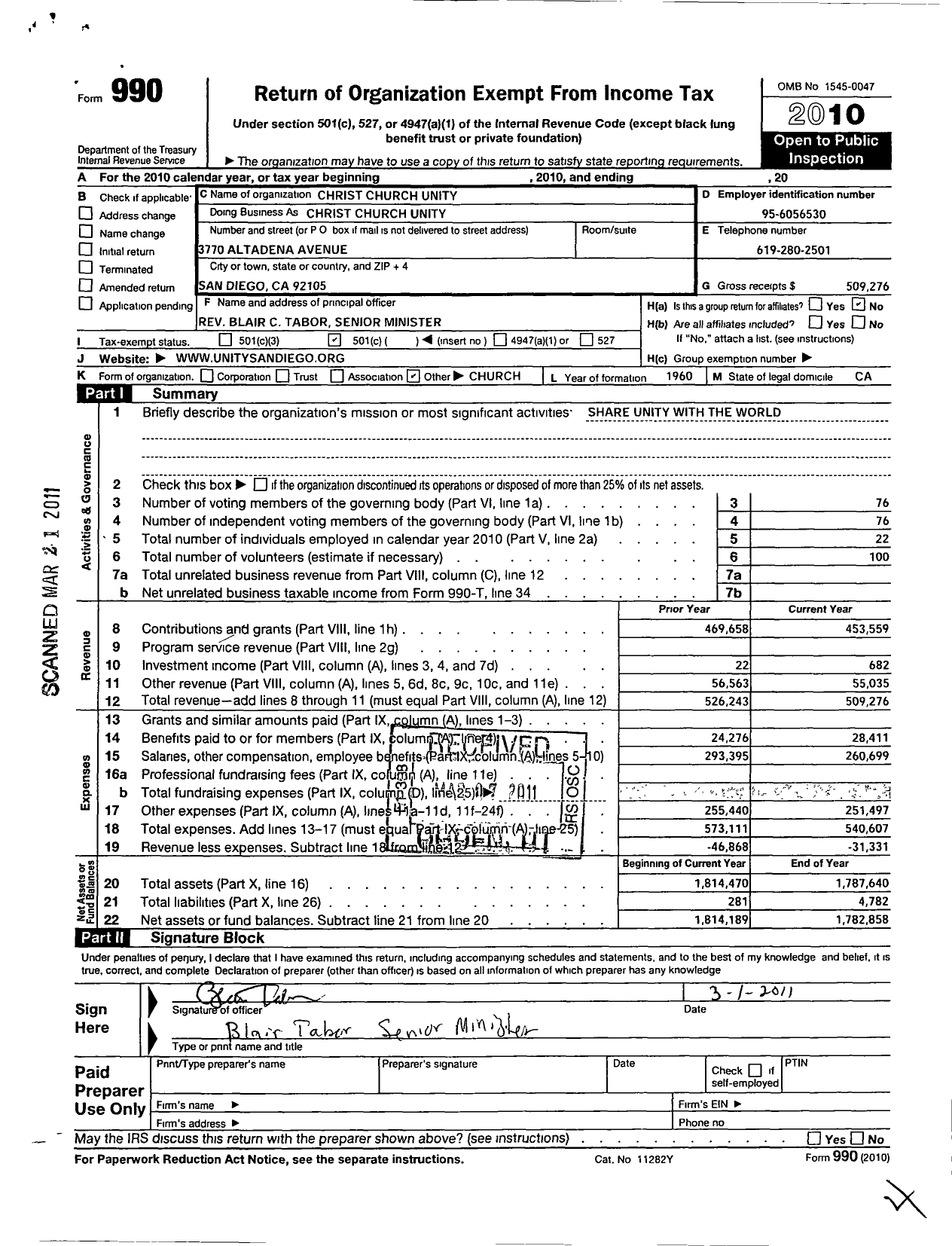 Image of first page of 2010 Form 990O for Christ Church Unity of San Diego