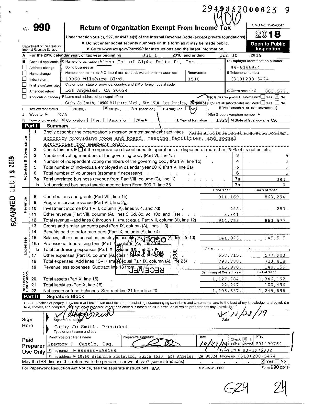 Image of first page of 2018 Form 990O for Alpha Chi of Alpha Delta Pi