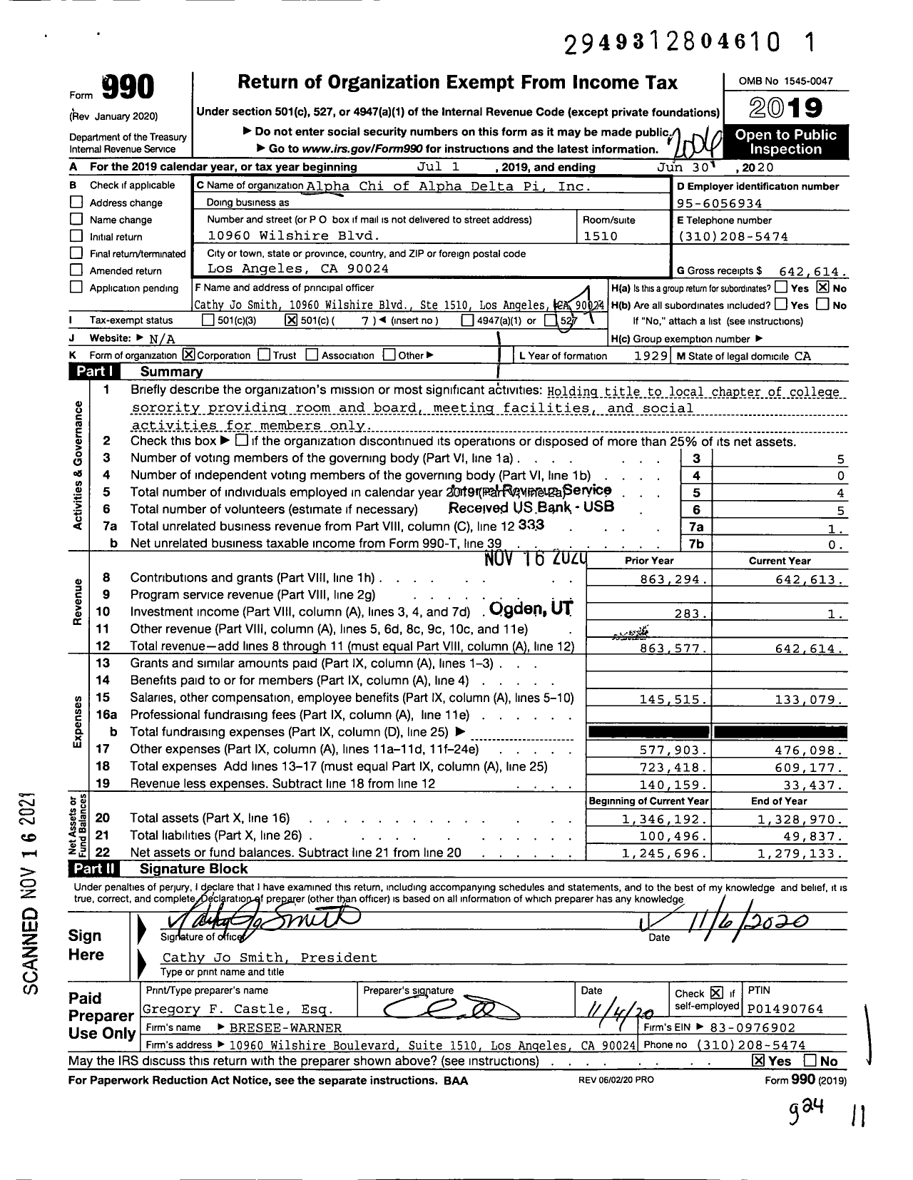 Image of first page of 2019 Form 990O for Alpha Chi of Alpha Delta Pi