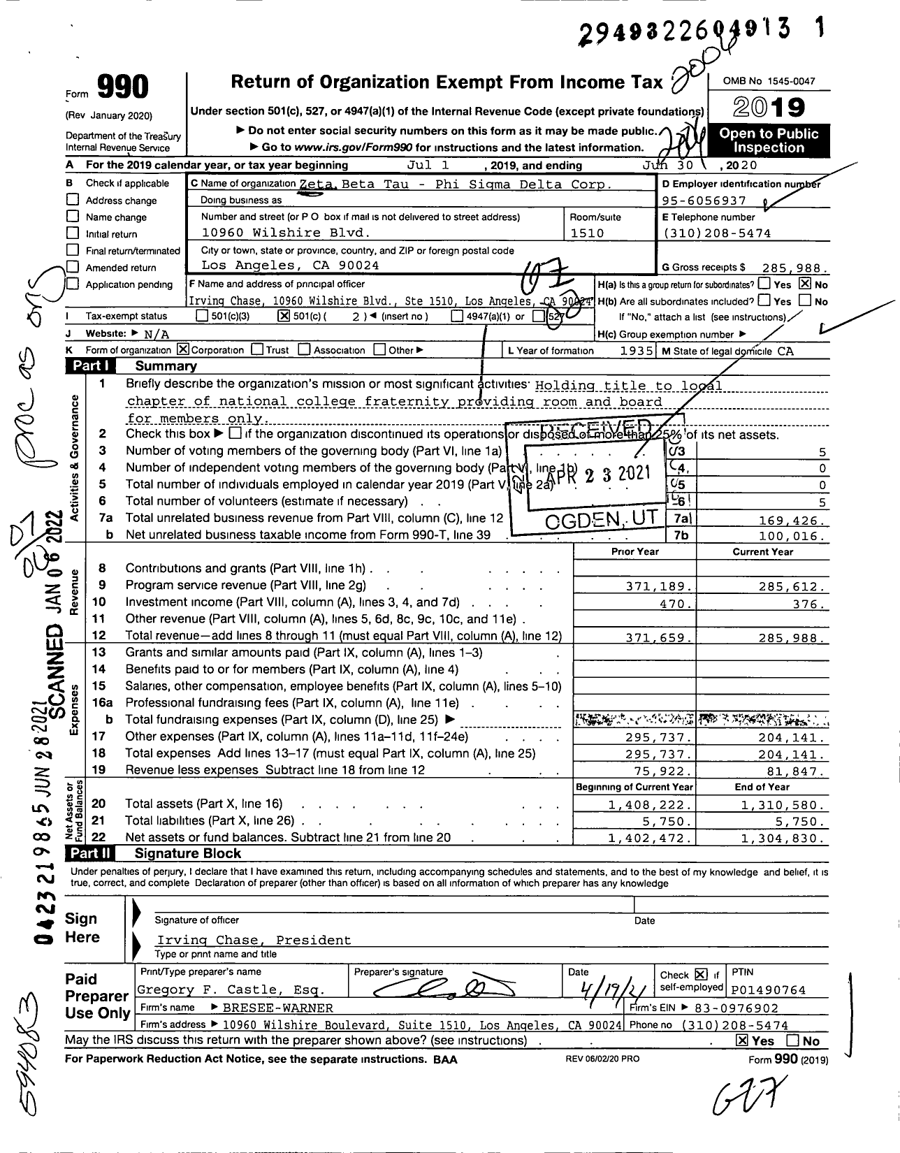 Image of first page of 2019 Form 990O for Zeta Beta Tau - Phi Sigma Delta Corp