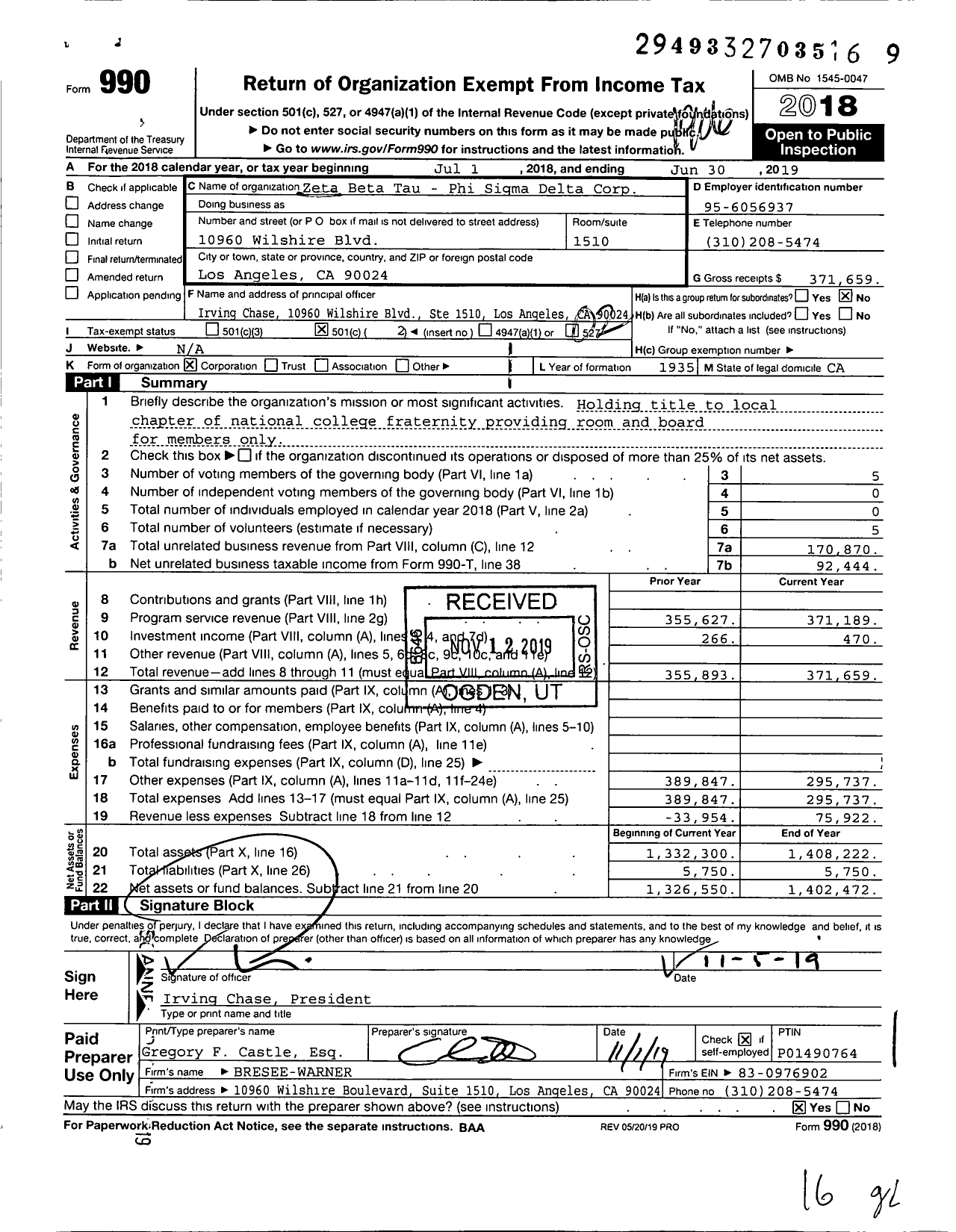 Image of first page of 2018 Form 990O for Zeta Beta Tau - Phi Sigma Delta Corp