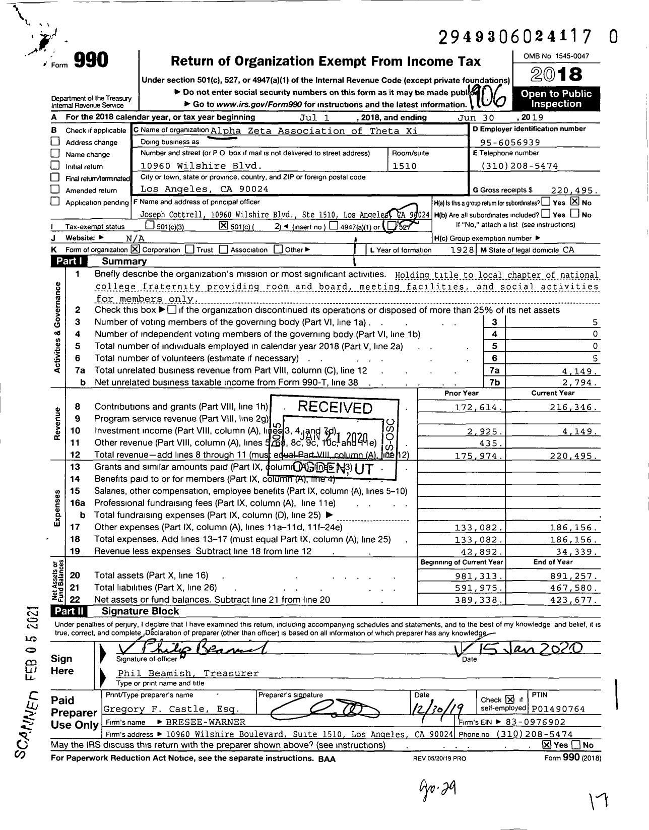 Image of first page of 2018 Form 990O for Alpha Zeta Association of Theta Xi