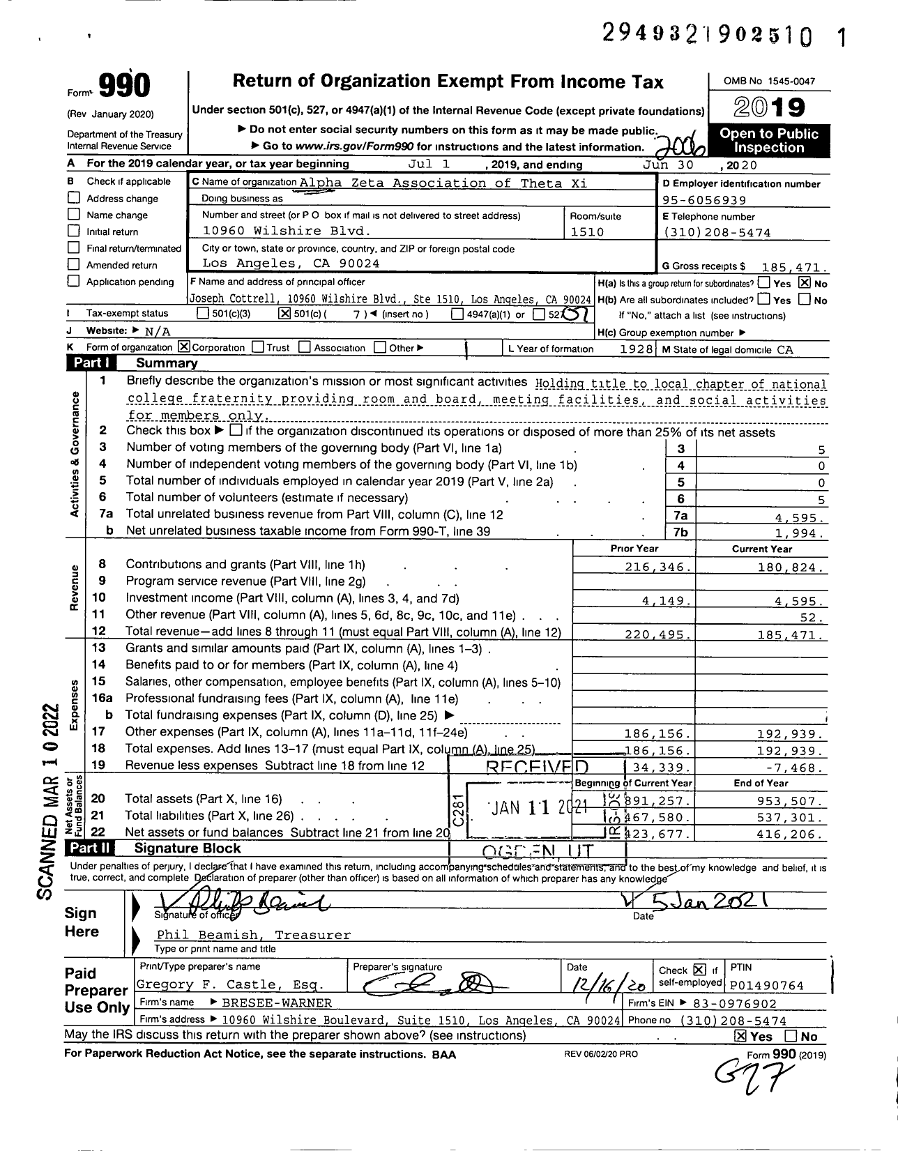 Image of first page of 2019 Form 990O for Alpha Zeta Association of Theta Xi