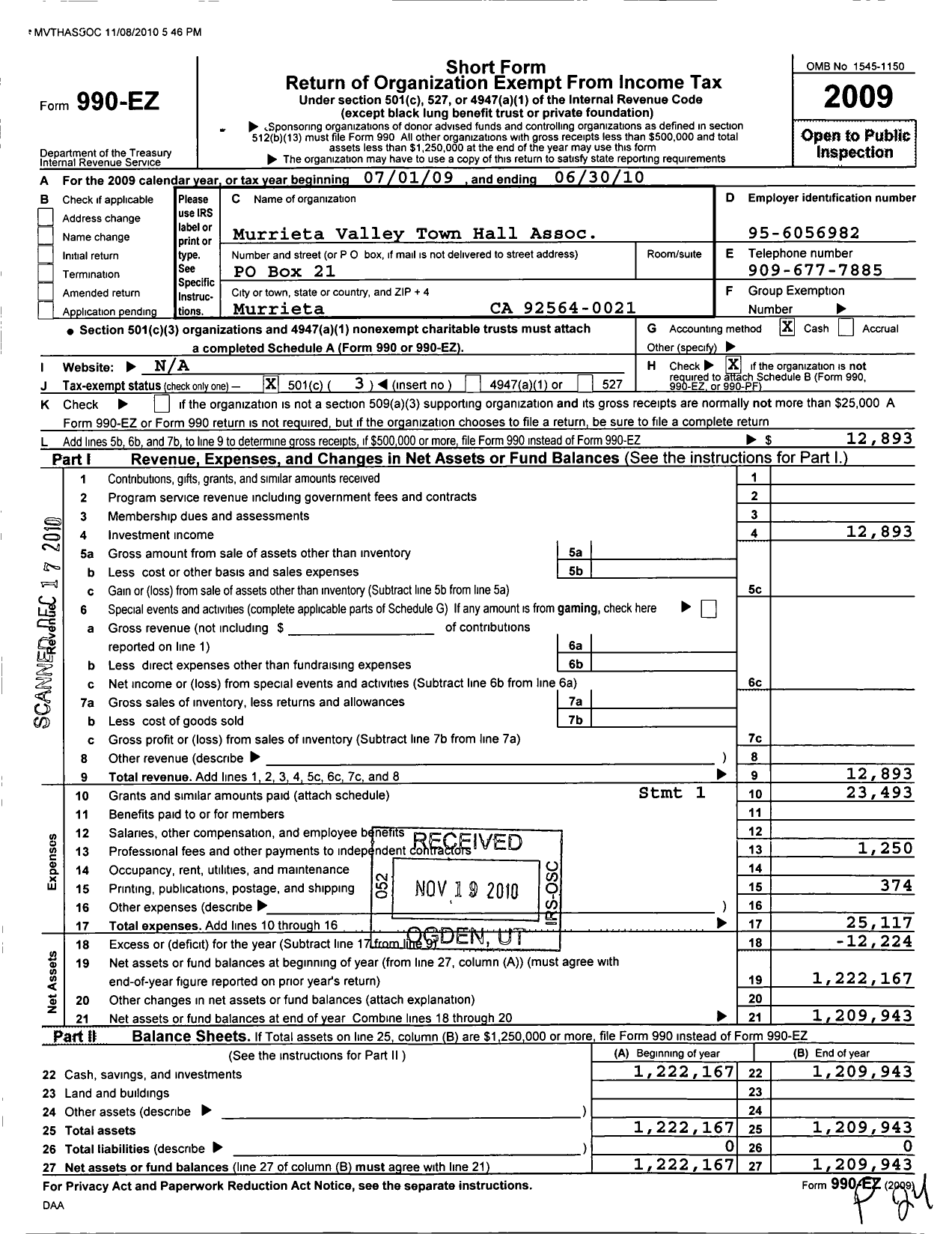 Image of first page of 2009 Form 990EZ for Murrieta Valley Town Hall Association