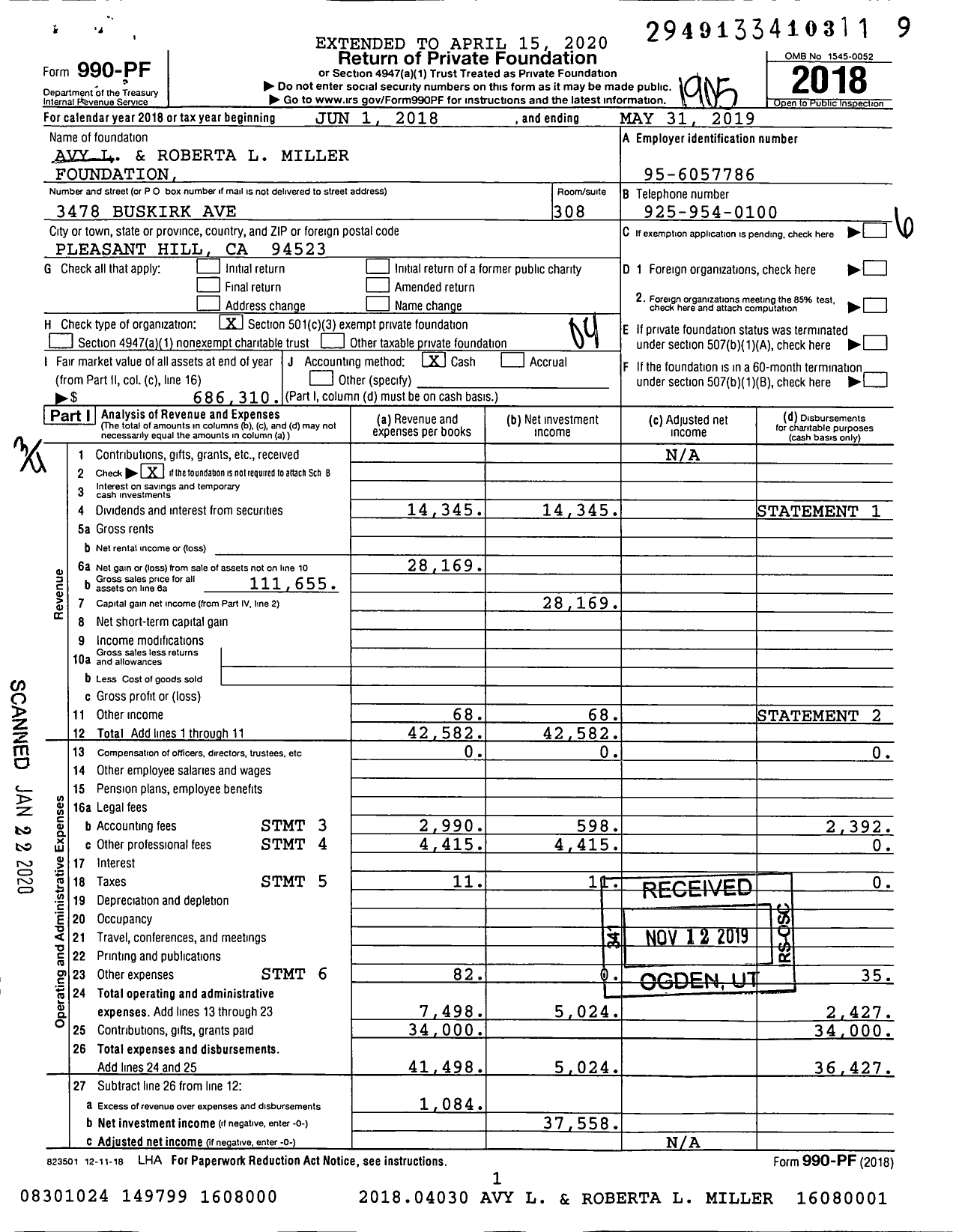 Image of first page of 2018 Form 990PF for Avy L and Roberta L Miller Foundation