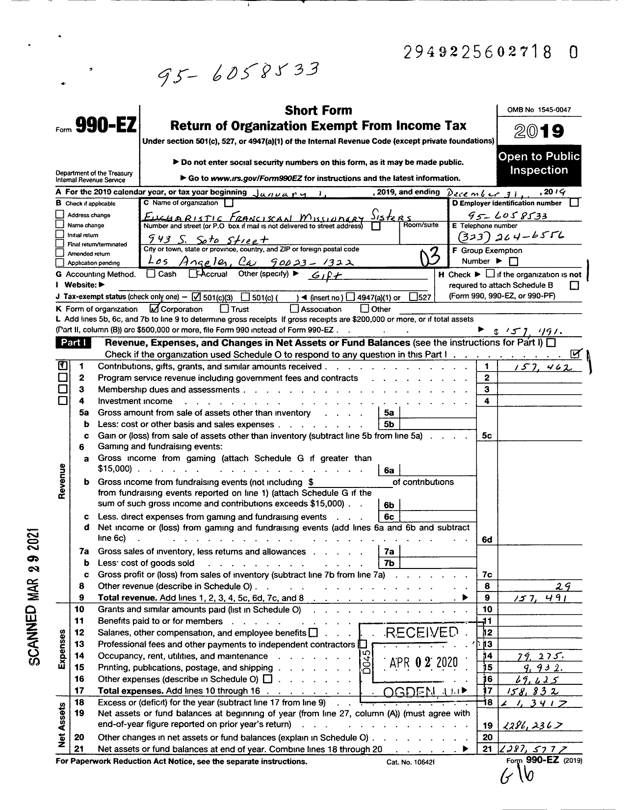 Image of first page of 2019 Form 990EZ for Eucharistic Franciscan Missionary Sisters