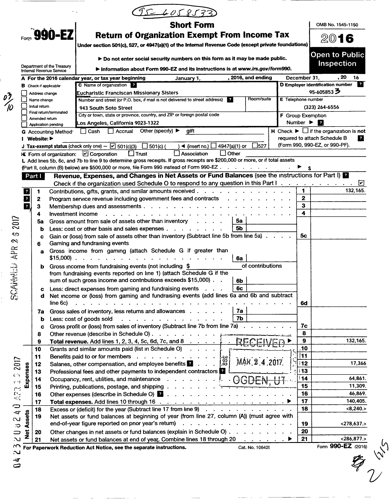 Image of first page of 2016 Form 990EZ for Eucharistic Franciscan Missionary Sisters