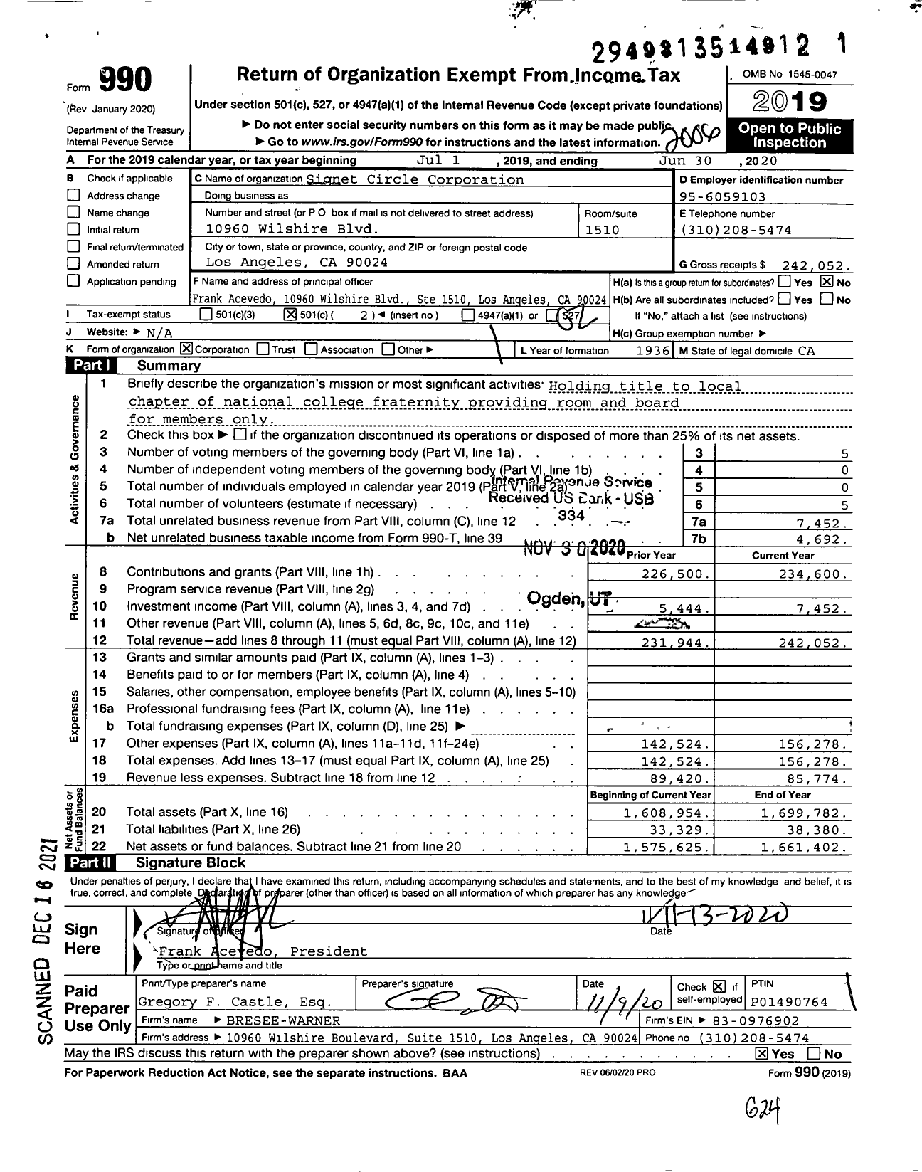 Image of first page of 2019 Form 990O for Signet Circle Corporation