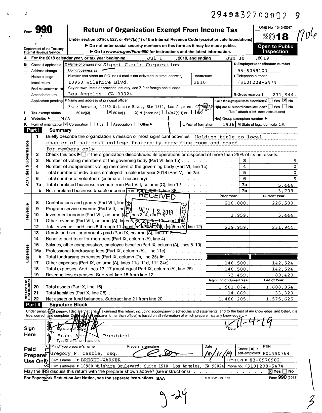 Image of first page of 2018 Form 990O for Signet Circle Corporation