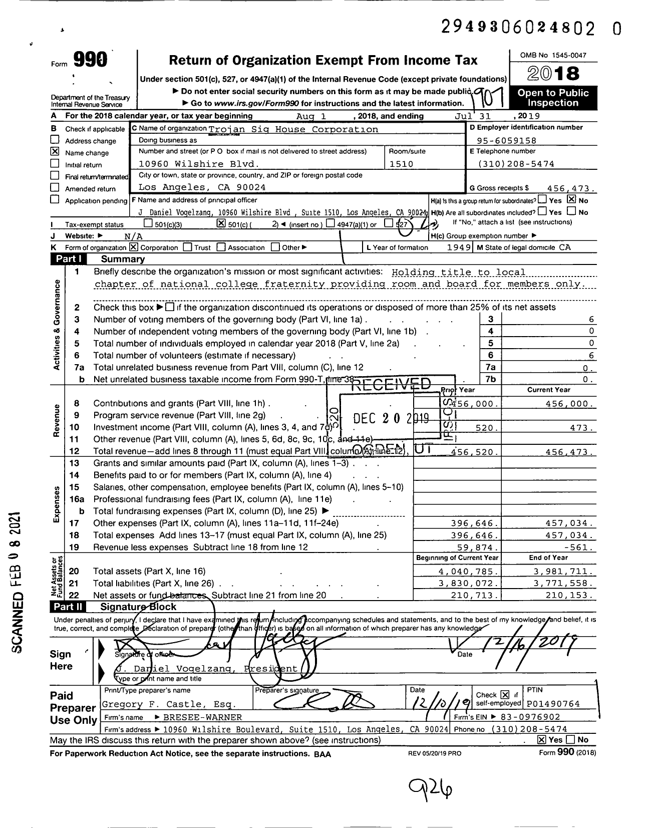 Image of first page of 2018 Form 990O for Trojan Sig House Corporation