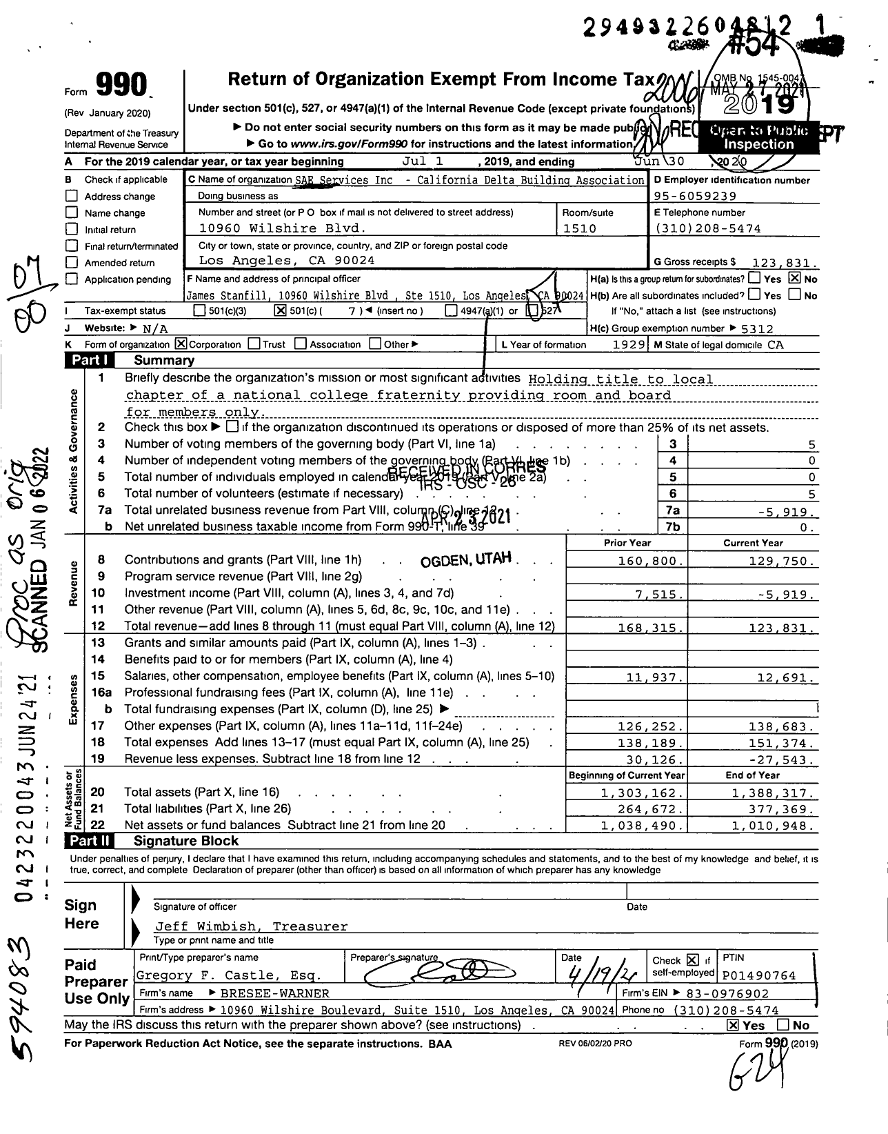 Image of first page of 2019 Form 990O for SAE Services Inc - California Delta Building Association