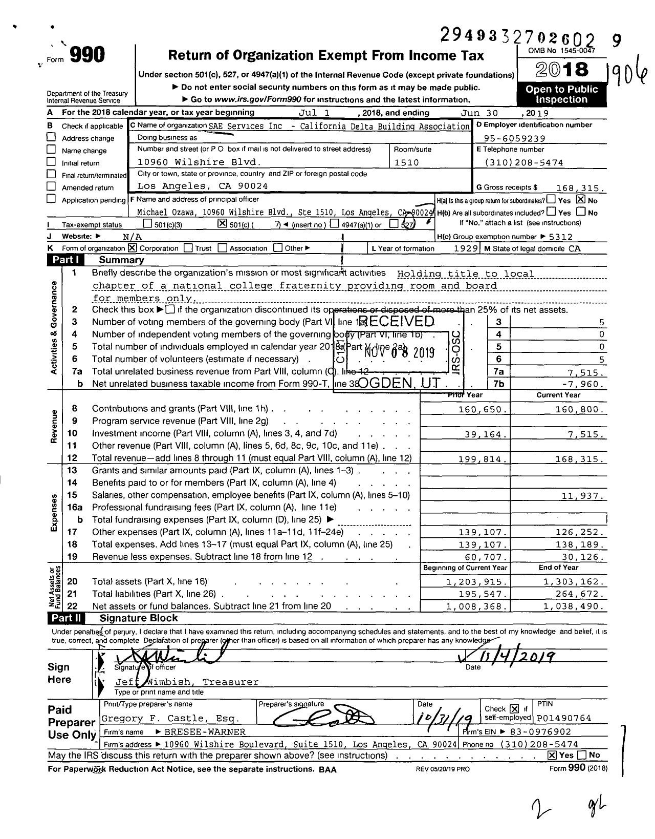 Image of first page of 2018 Form 990O for SAE Services Inc - California Delta Building Association