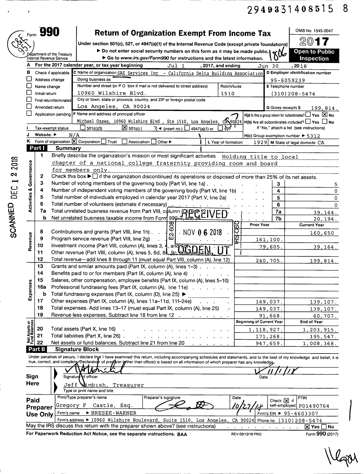Image of first page of 2017 Form 990O for SAE Services Inc - California Delta Building Association