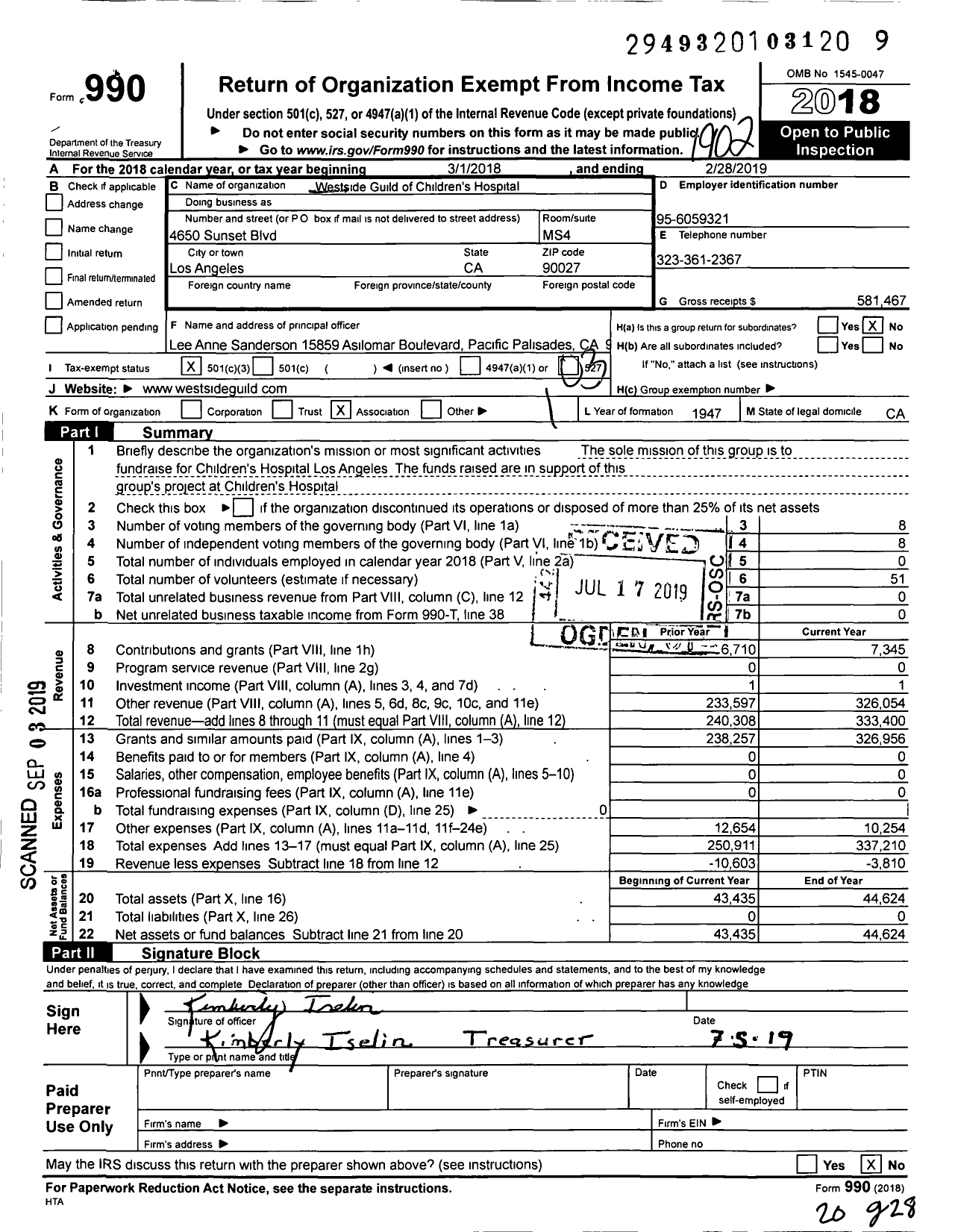 Image of first page of 2018 Form 990 for Westside Guild of Children's Hospital