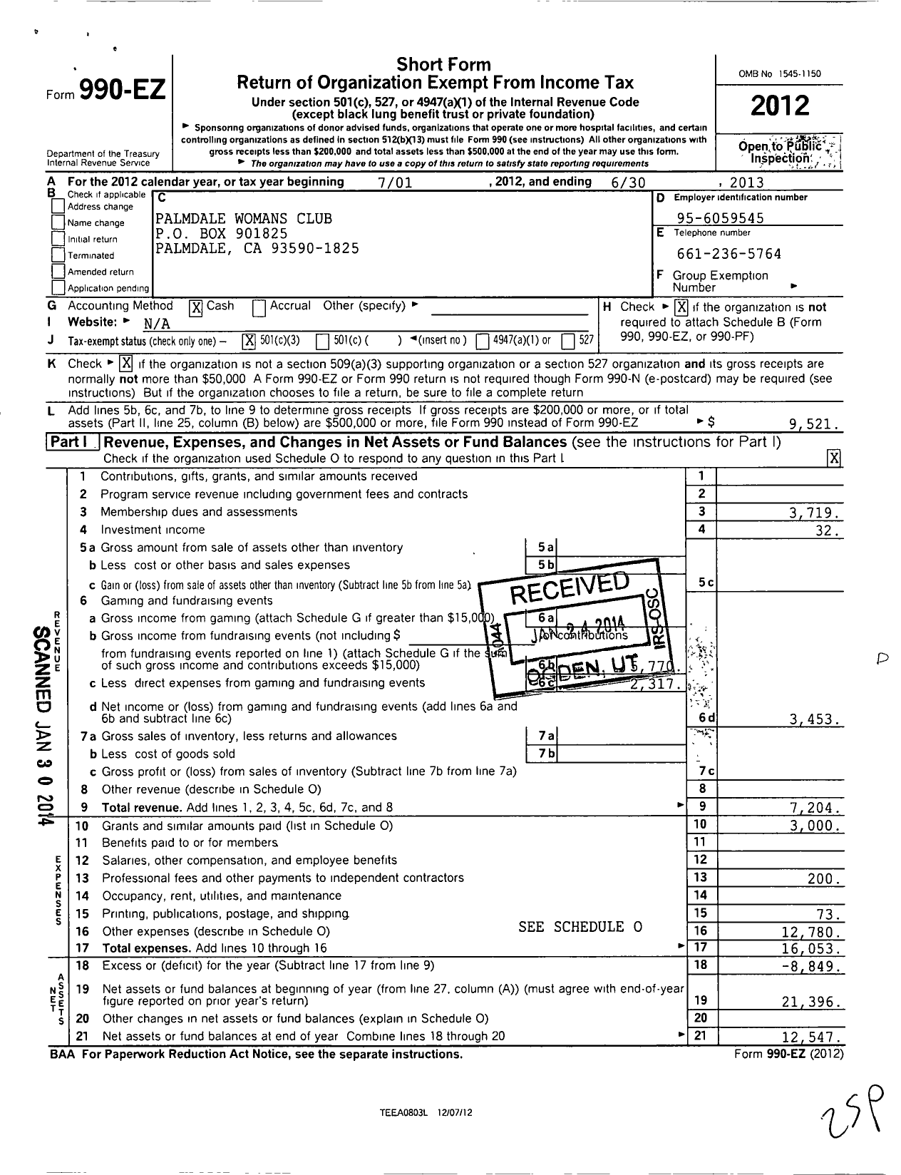 Image of first page of 2012 Form 990EZ for California Federation of Women's Clubs - Palmdale Womans Club