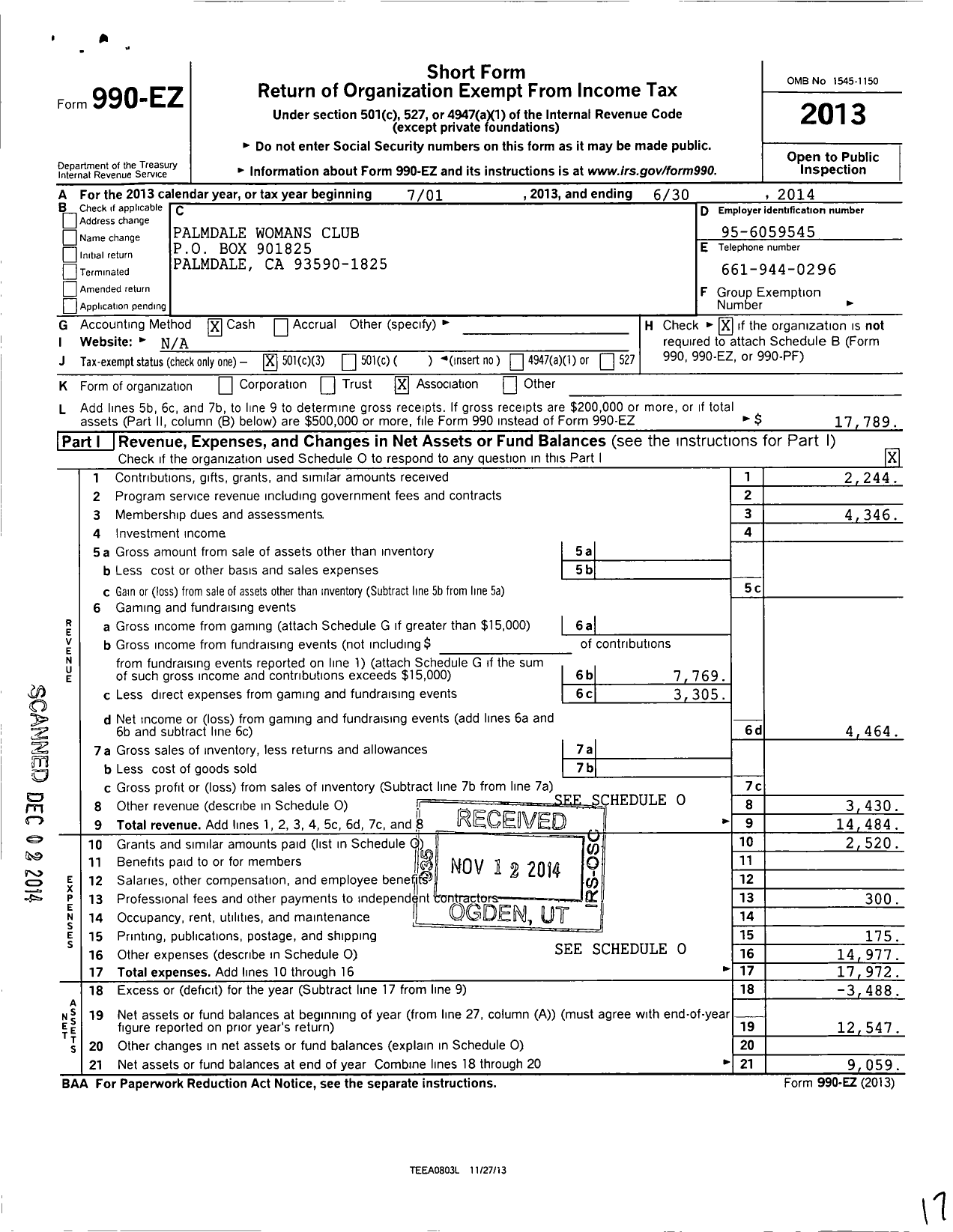 Image of first page of 2013 Form 990EZ for California Federation of Women's Clubs - Palmdale Womans Club