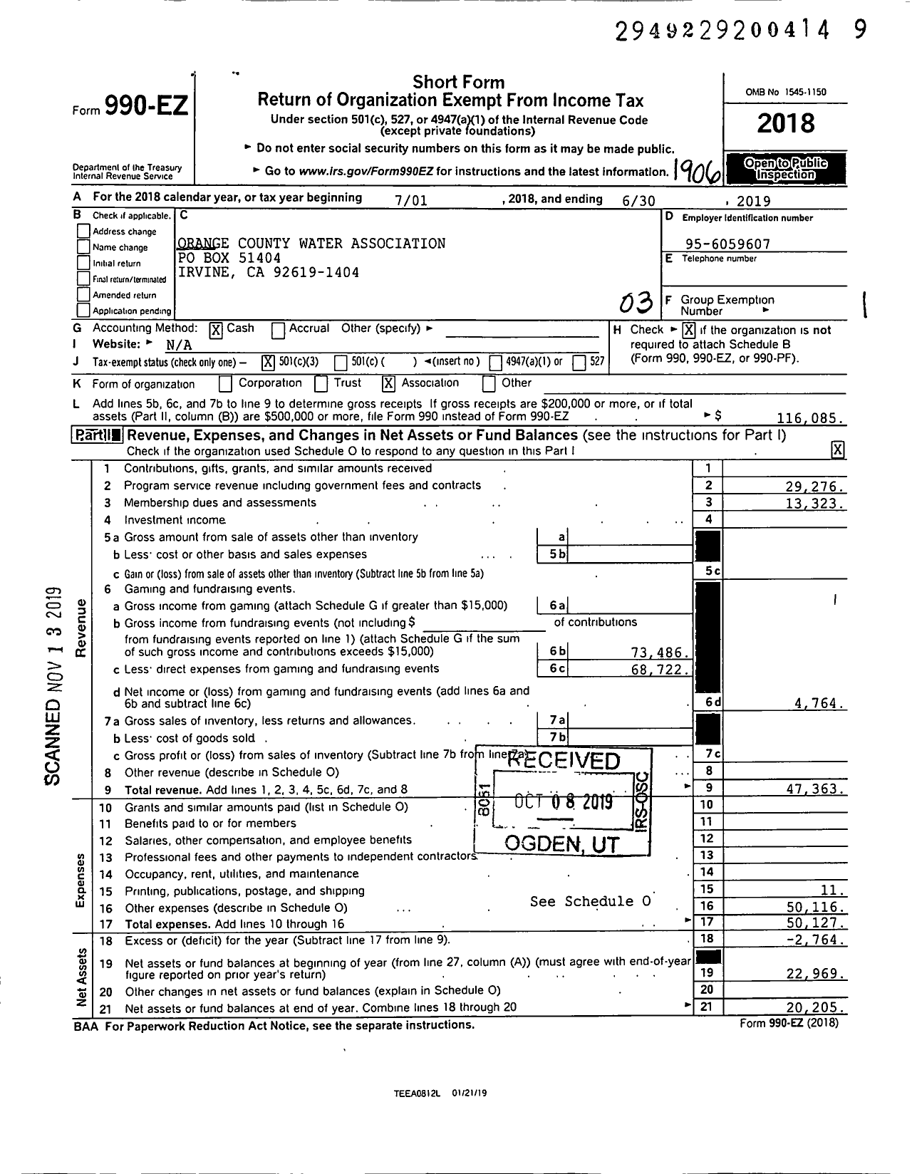 Image of first page of 2018 Form 990EZ for Orange County Water Association