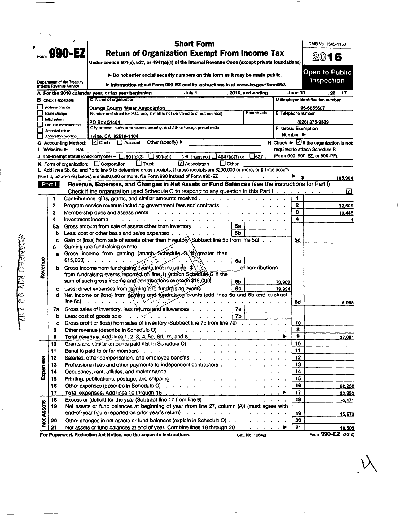 Image of first page of 2016 Form 990EO for Orange County Water Association