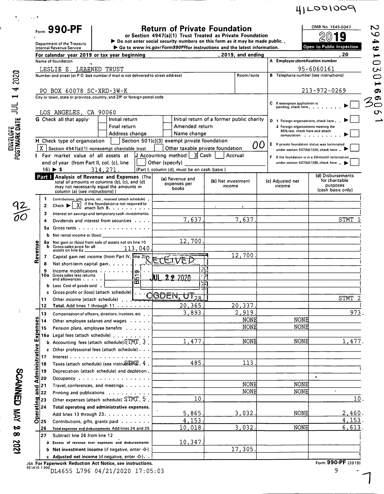 Image of first page of 2019 Form 990PF for Leslie E Learned Trust