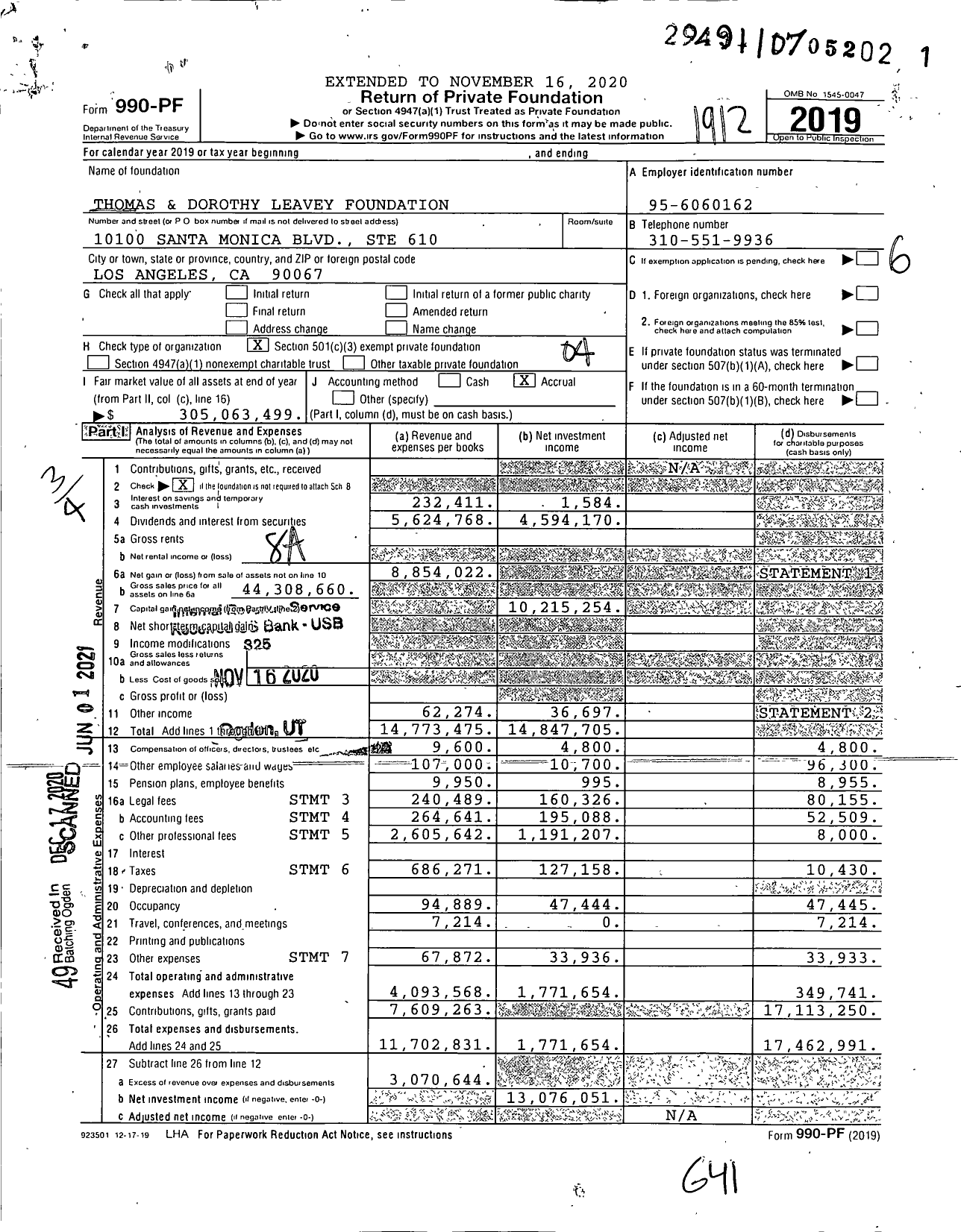 Image of first page of 2019 Form 990PF for Thomas and Dorothy Leavey Foundation