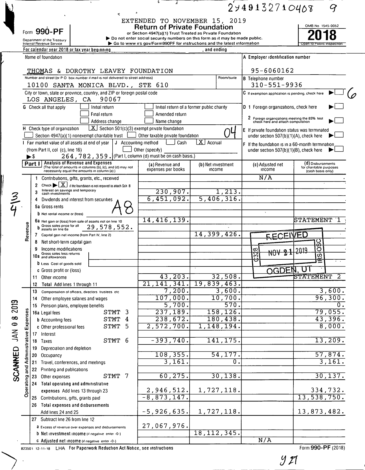 Image of first page of 2018 Form 990PF for Thomas and Dorothy Leavey Foundation