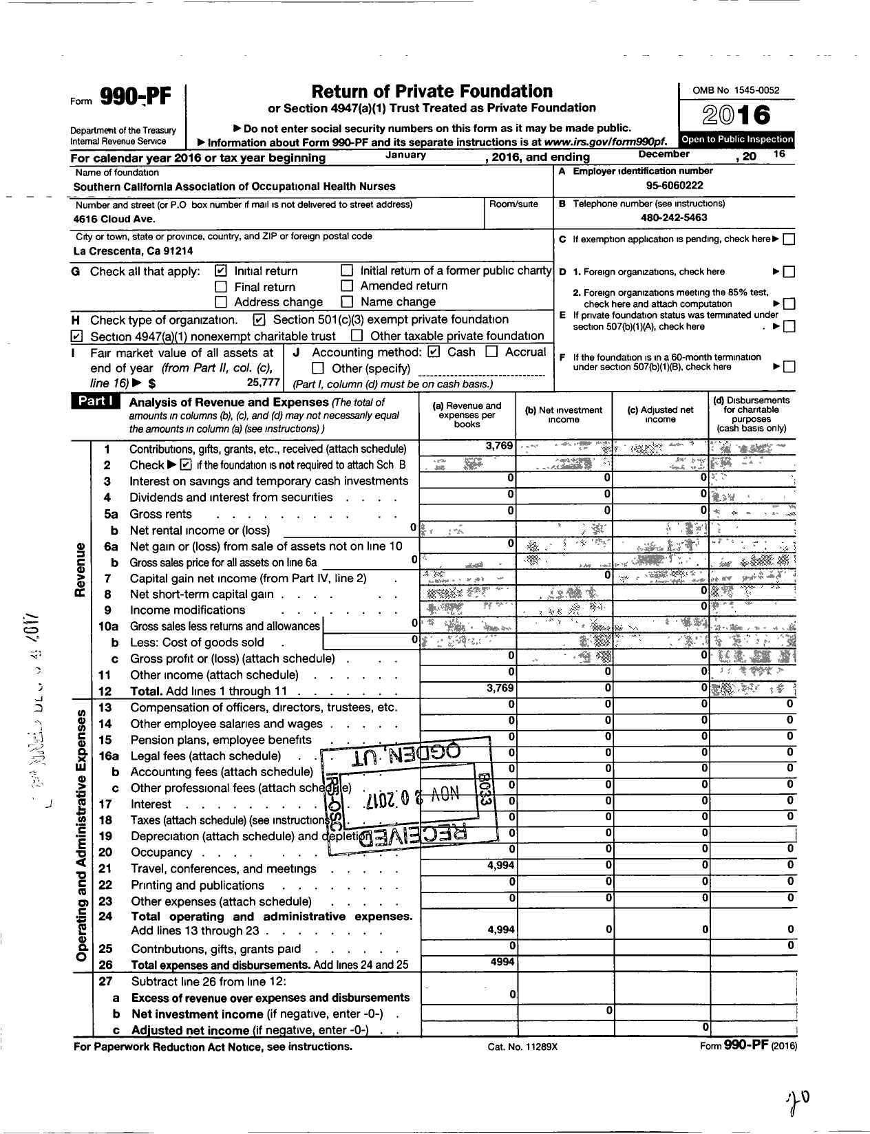 Image of first page of 2016 Form 990PF for Southern California Association of Occupational Health Nurses