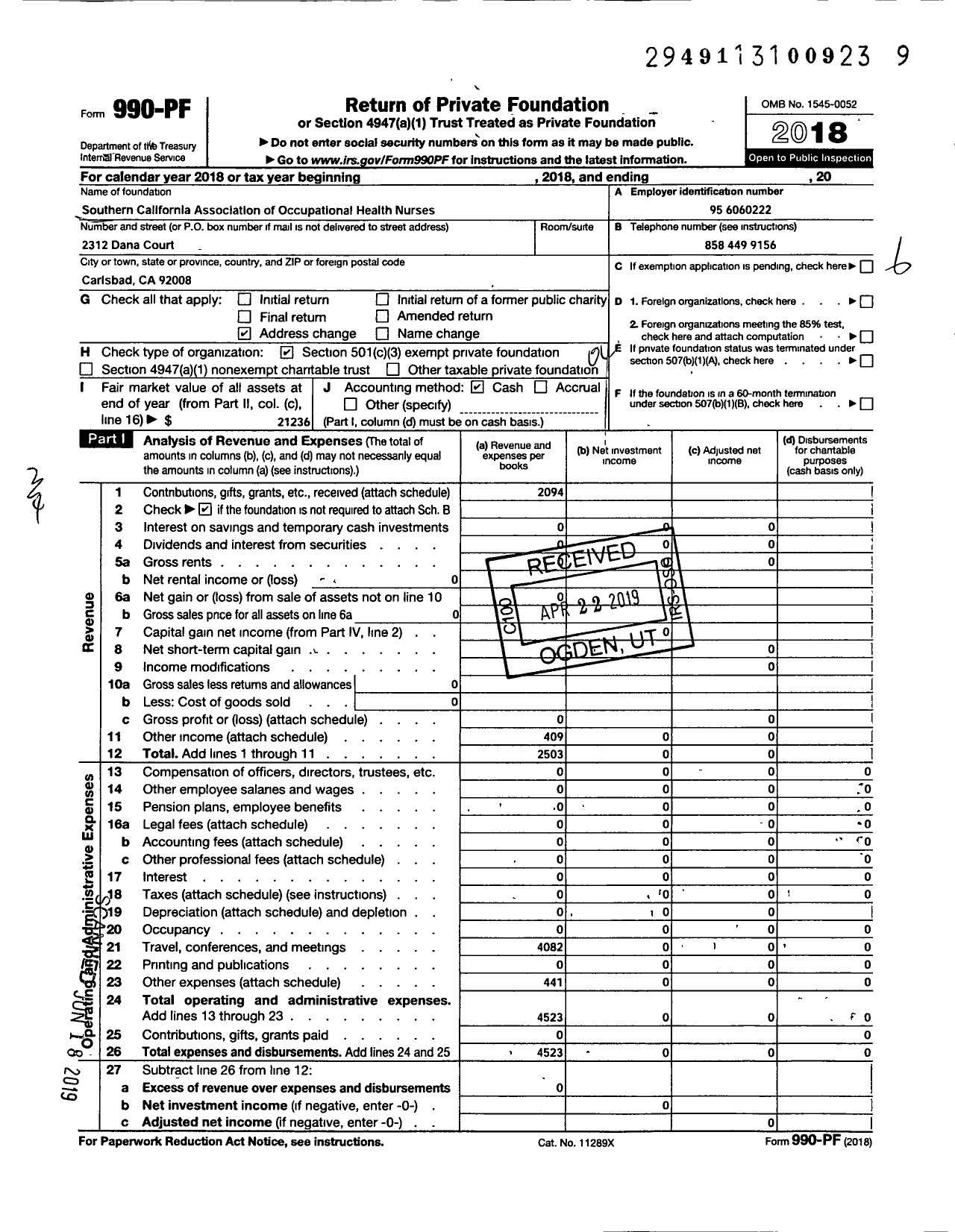 Image of first page of 2018 Form 990PF for Southern California Association of Occupational Health Nurses