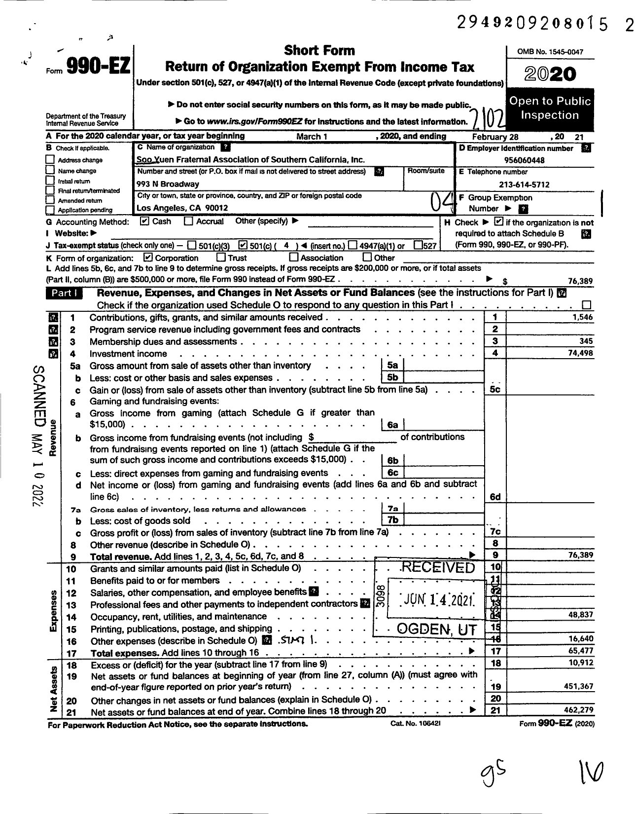 Image of first page of 2020 Form 990EO for Soo Yuen Fraternal Association of Southern California