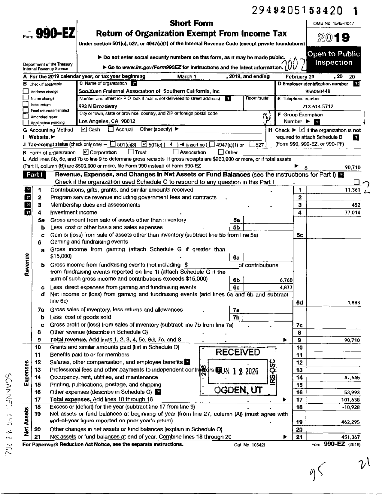 Image of first page of 2019 Form 990EO for Soo Yuen Fraternal Association of Southern California