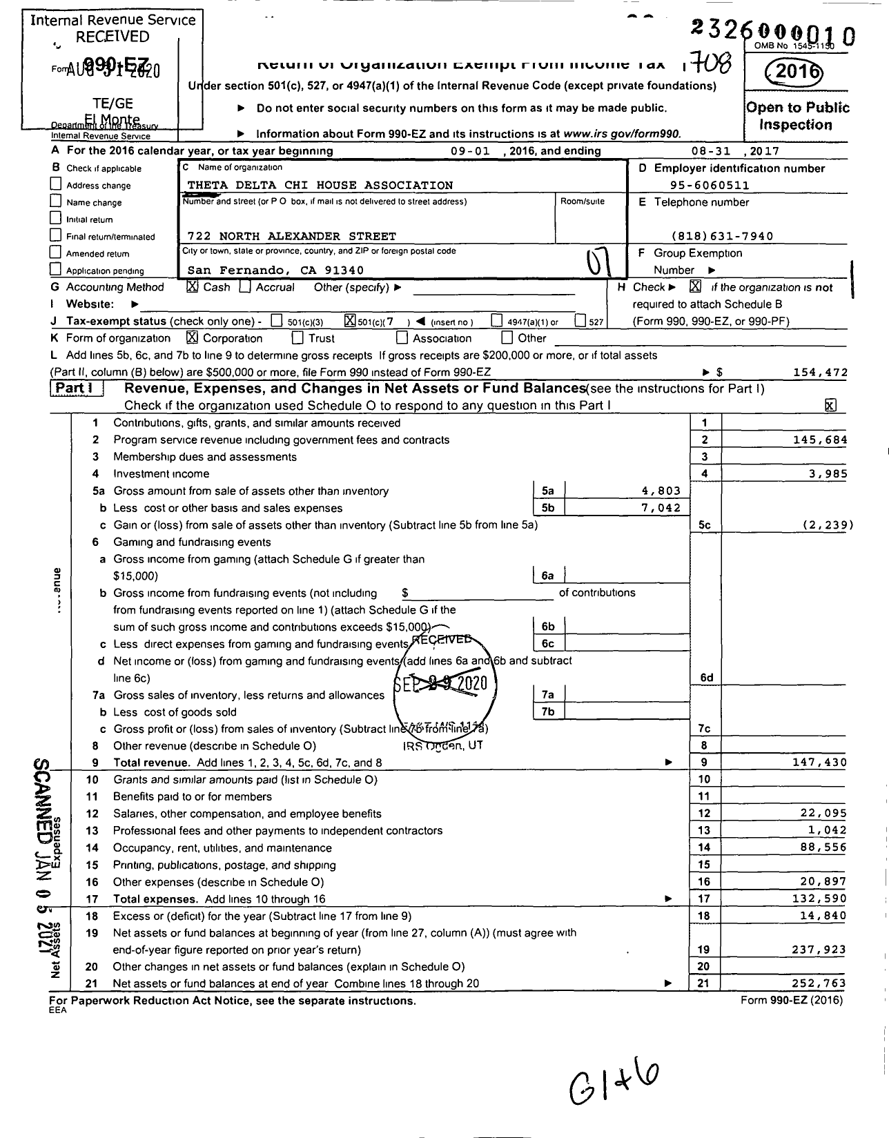 Image of first page of 2016 Form 990EO for Theta Delta Chi House Association