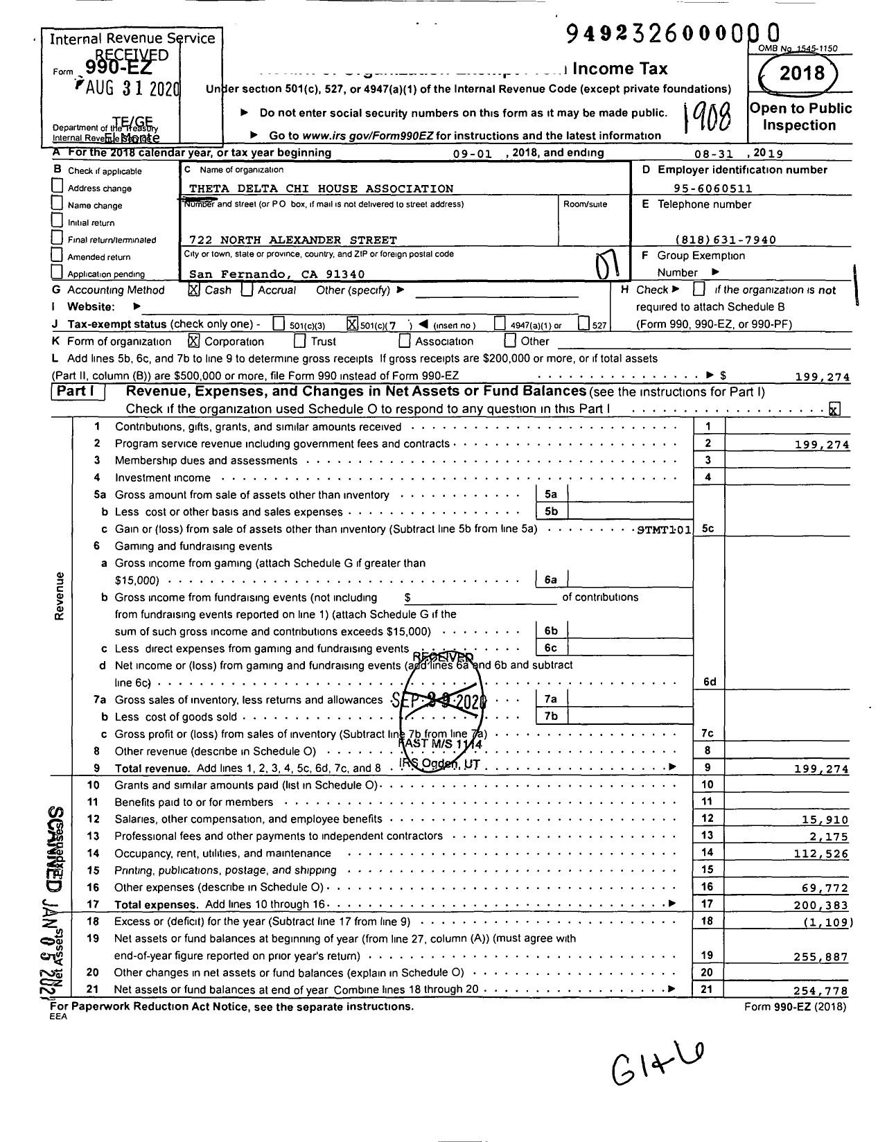 Image of first page of 2018 Form 990EO for Theta Delta Chi House Association