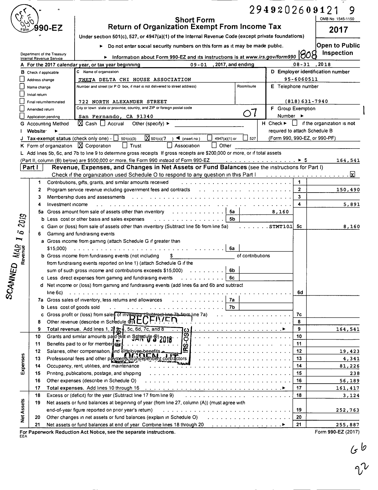 Image of first page of 2017 Form 990EO for Theta Delta Chi House Association