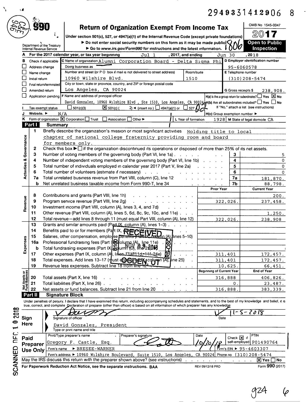 Image of first page of 2017 Form 990O for Alumni Corporation Board - Delta Sigma Phi