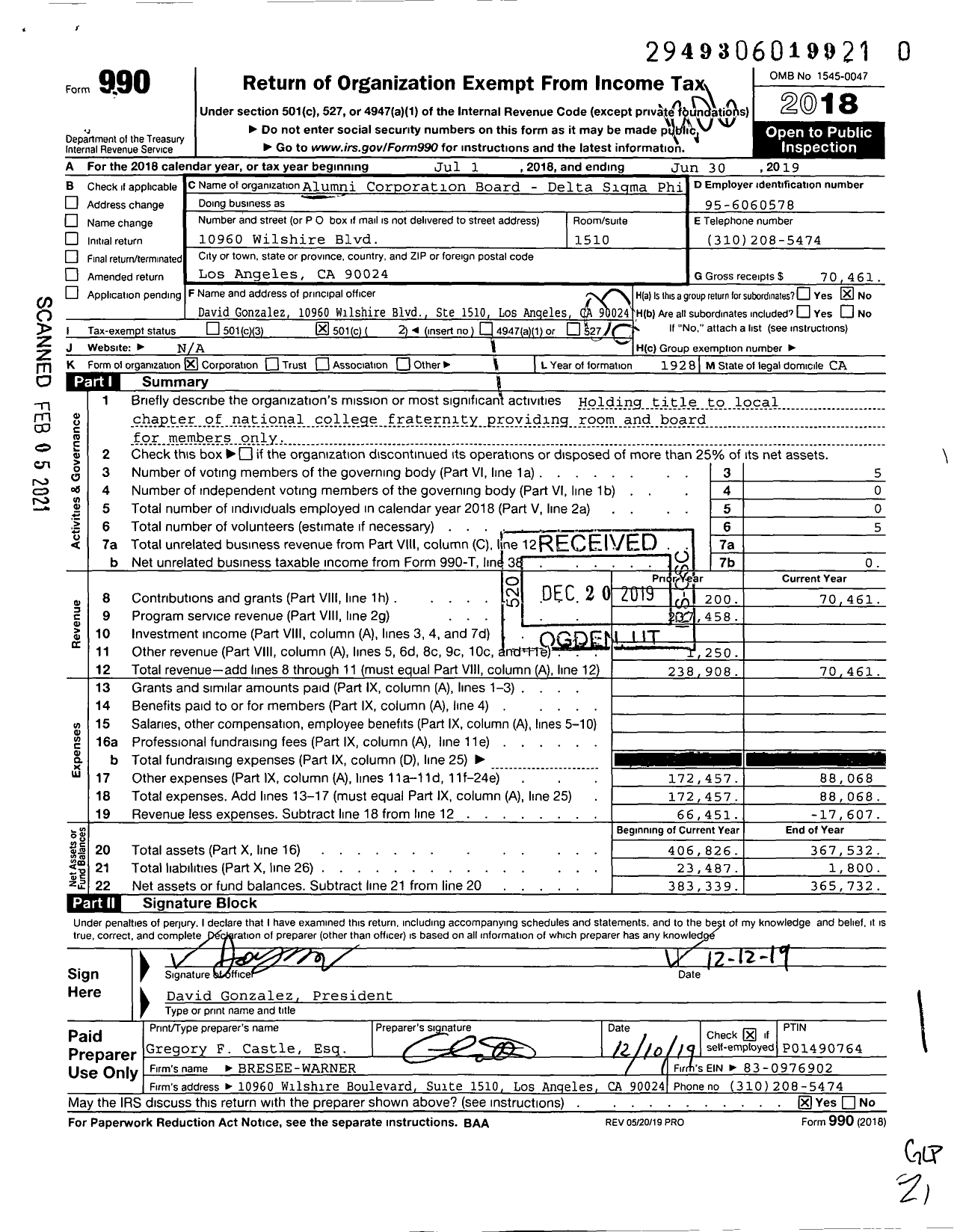 Image of first page of 2018 Form 990O for Alumni Corporation Board - Delta Sigma Phi