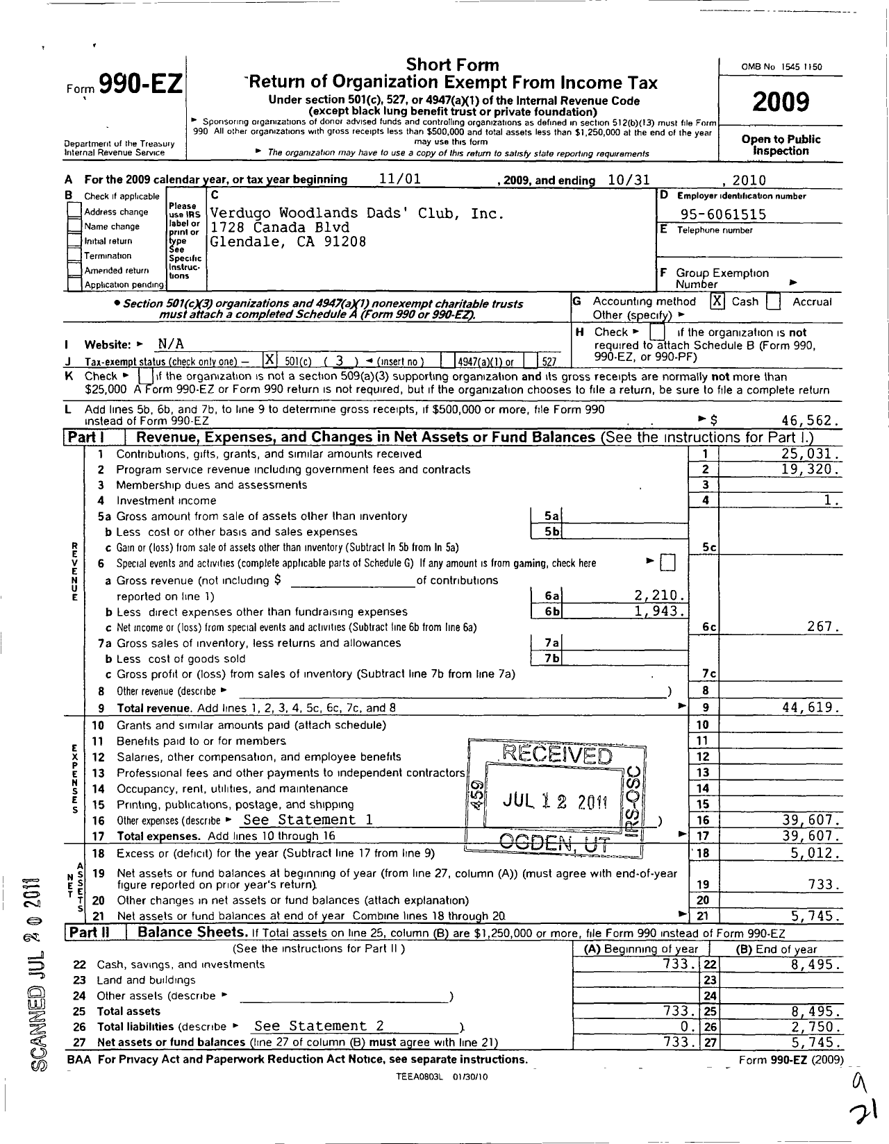 Image of first page of 2009 Form 990EZ for Verdugo Woodlands Dads Club