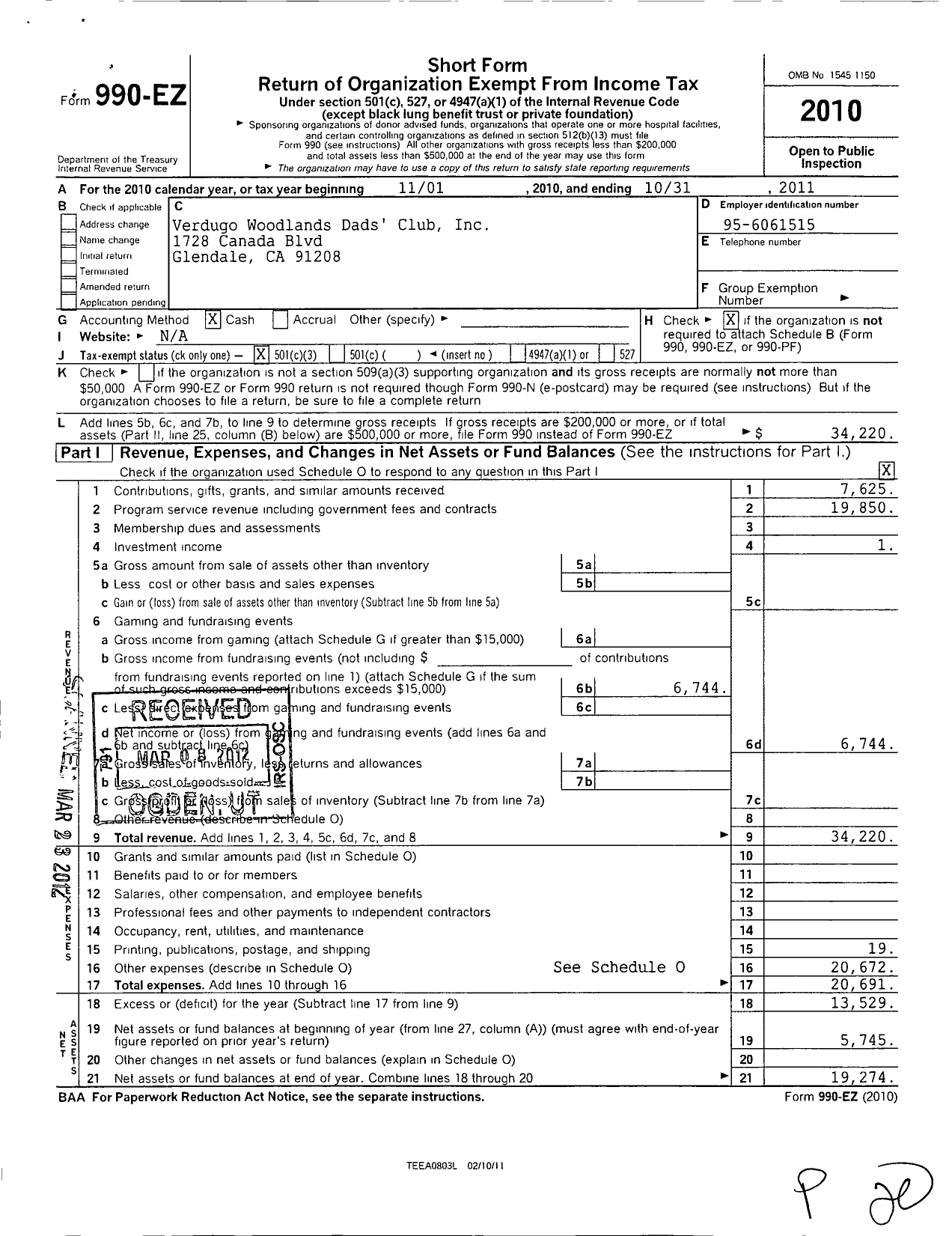 Image of first page of 2010 Form 990EZ for Verdugo Woodlands Dads Club