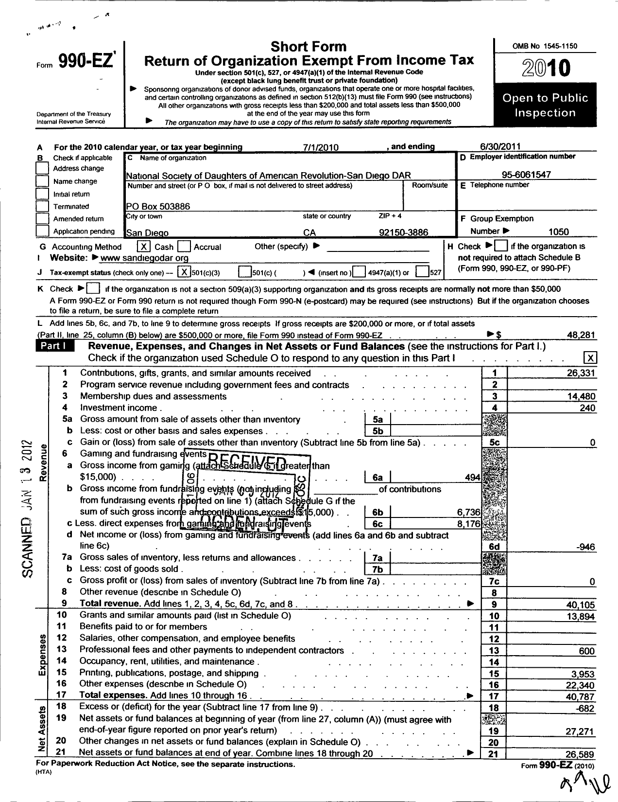 Image of first page of 2010 Form 990EZ for Daughters of the American Revolution - San Diego DAR